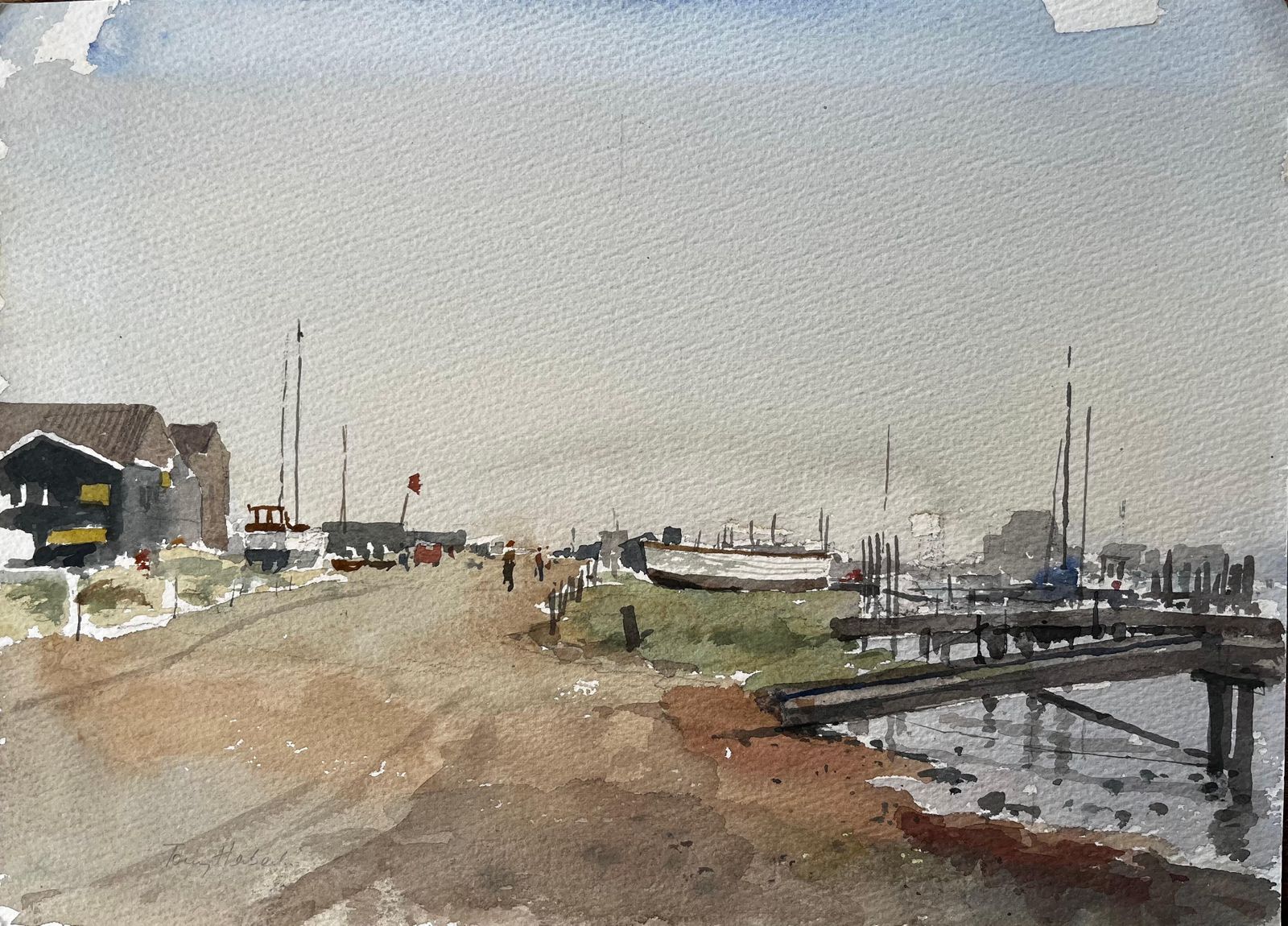 Anthony Herbertoriginal Watercolour Southwold Harbour Coastal Scene With Boats And Jetty1993