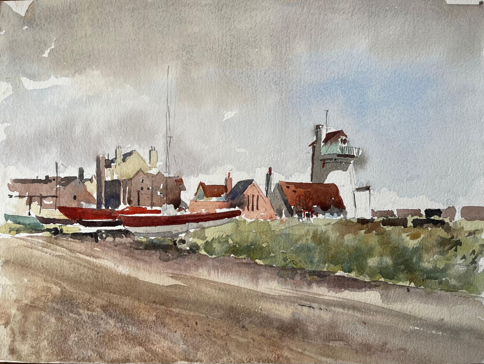 Anthony Herbertoriginal Watercolour Aldeburgh Suffolk Coastal Tower Boats And Buildings1993