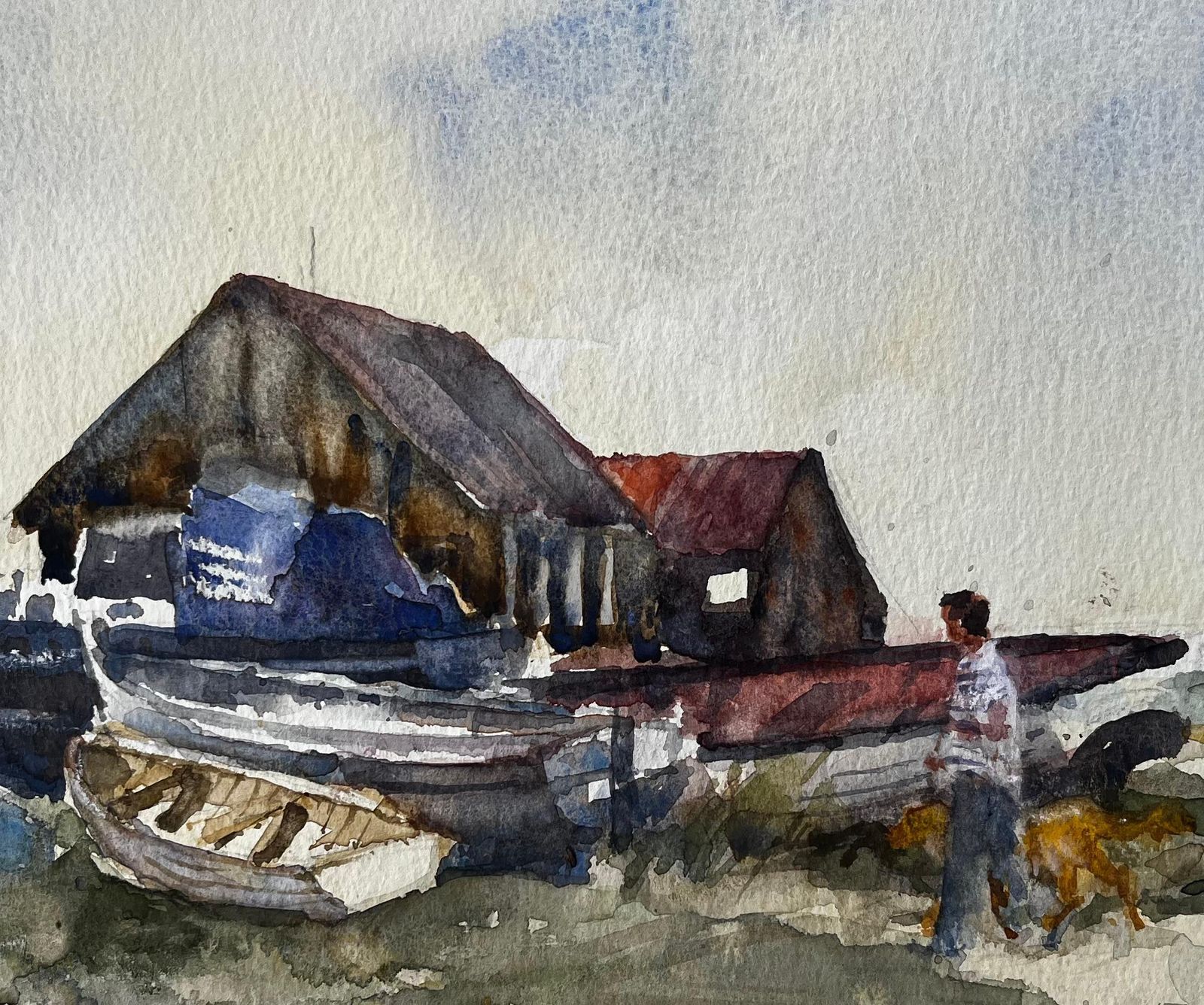 Anthony Herbertold Boat Yard With Figures And Dog On Suffolk Coast Watercolor By Tony Herbert photo 566.0