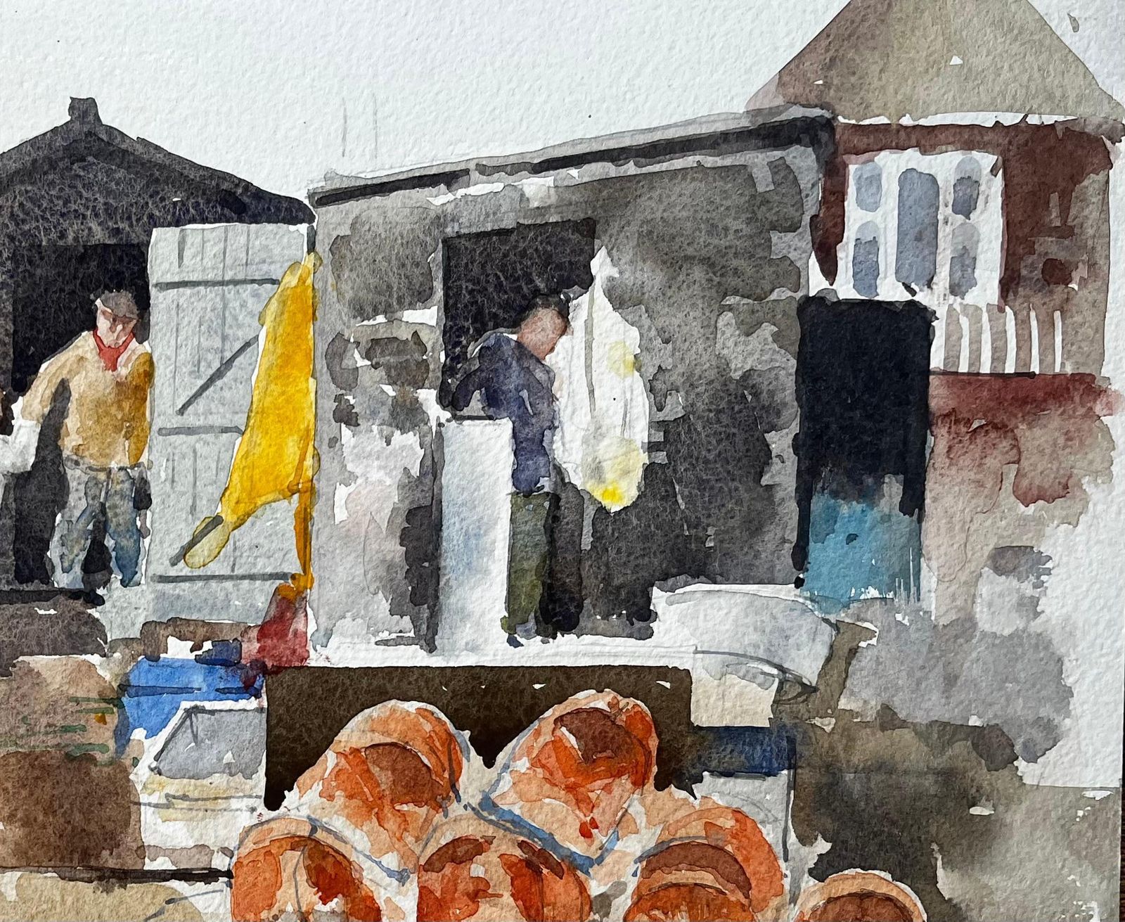 Anthony Herbertoriginal Watercolour Aldeburgh Fishing Quay Scene With Lobster Pots And Market1998 photo Art