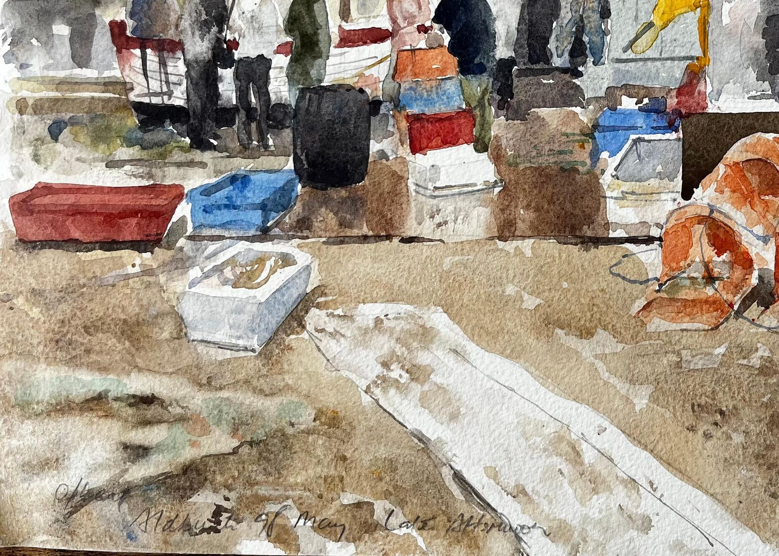 Anthony Herbertoriginal Watercolour Aldeburgh Fishing Quay Scene With Lobster Pots And Market1998 photo vinterior