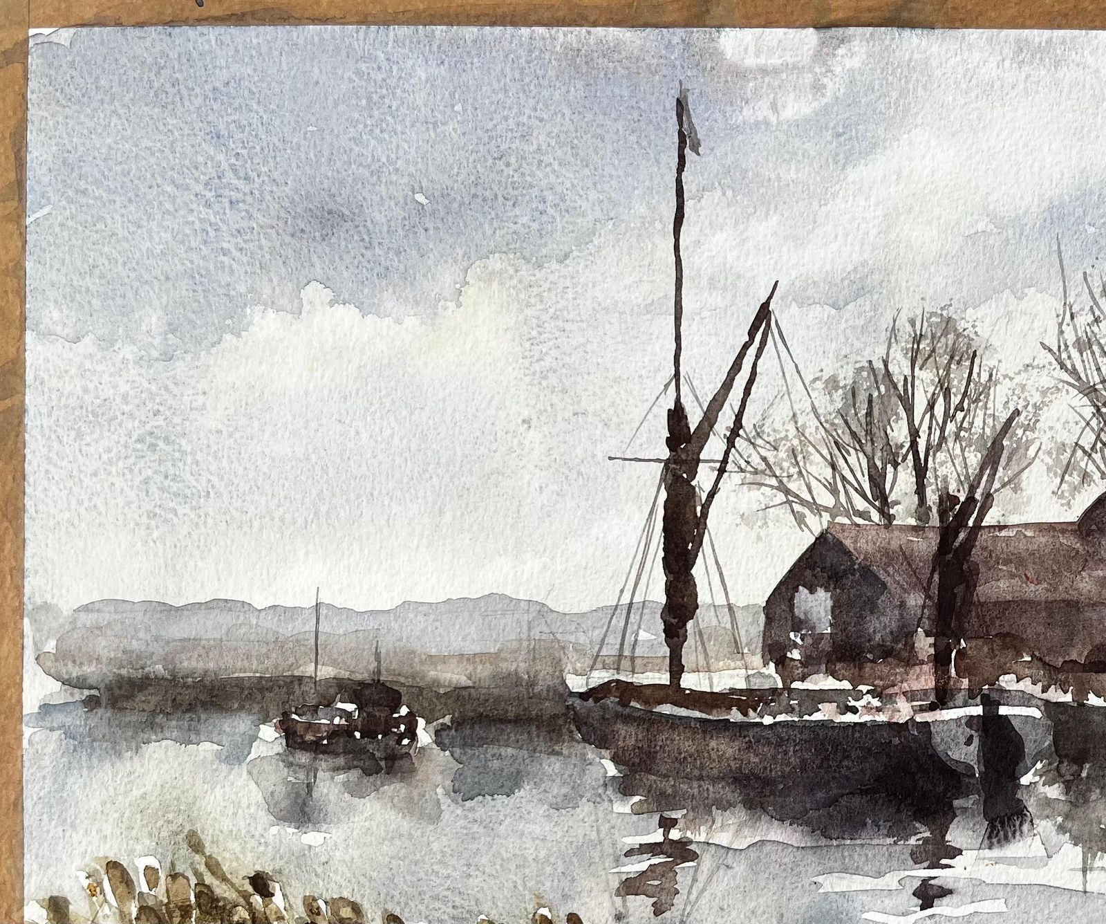 Anthony Herbertoriginal Watercolour Riverside Boatyard With Reflections And Winter Trees1993 photo vinterior