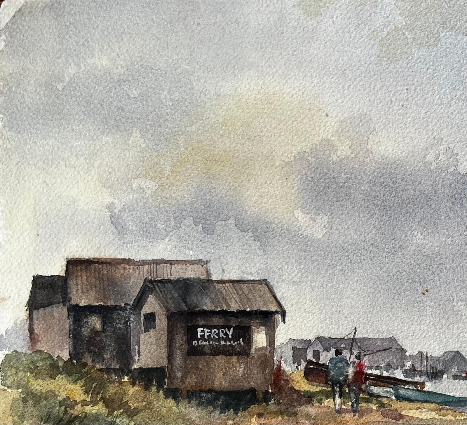 Anthony Herbertbritish Estuary Ferry Shed And Distant Harbour With Figures Watercolour Painting photo Art