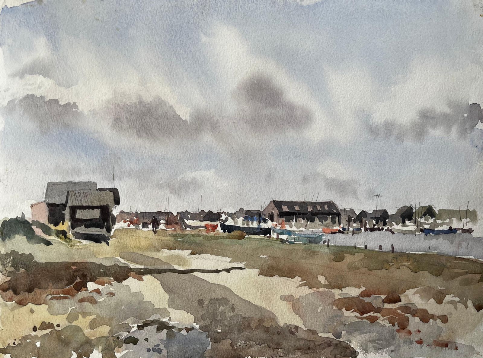 Anthony Herbertcoastal Harbour View With Boat Sheds And Marina British Watercolour Landscape