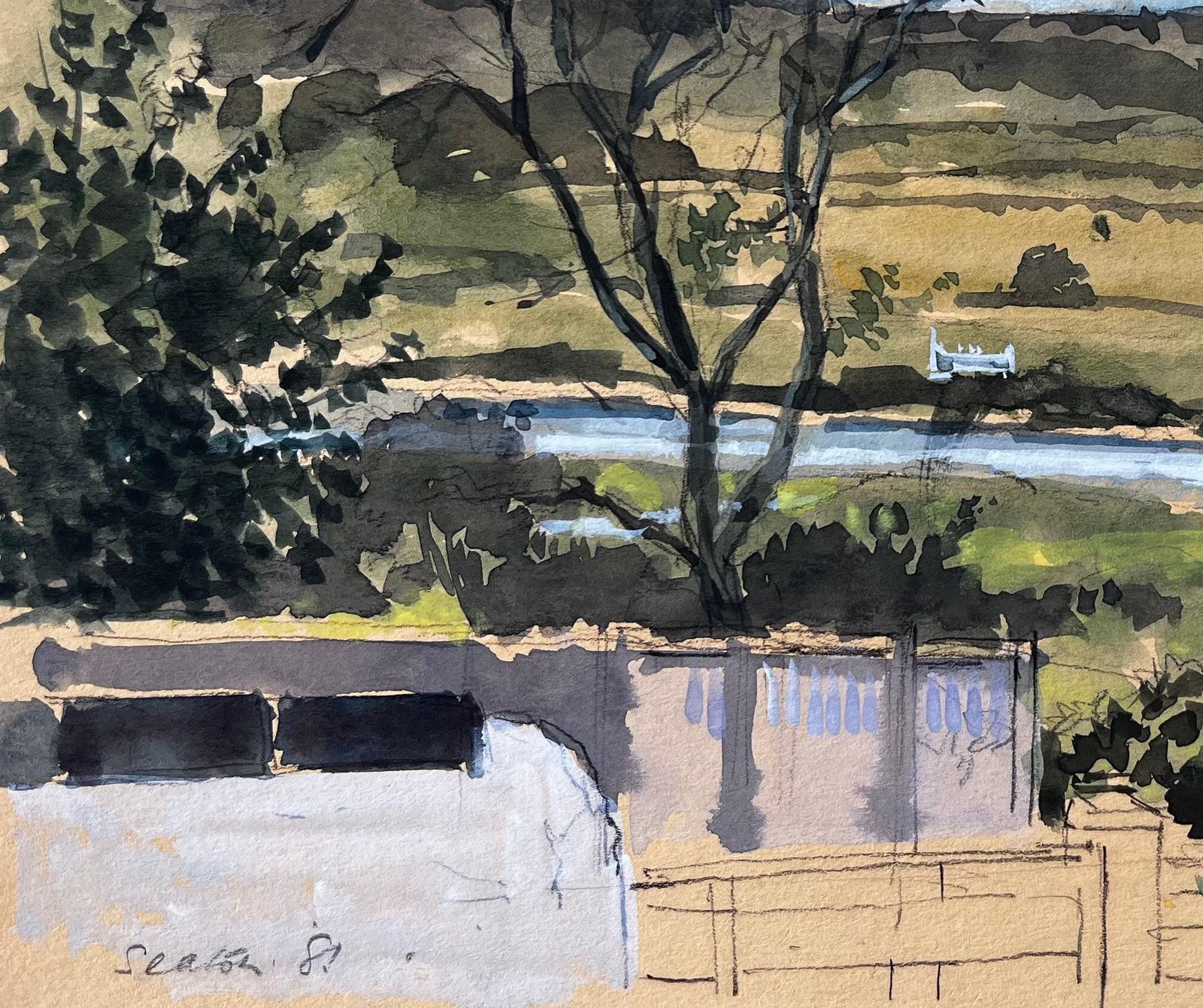 Anthony Herbertseaton Devon Landscape View Through Trees With River And Garden Flowers 19811981 photo 489.0