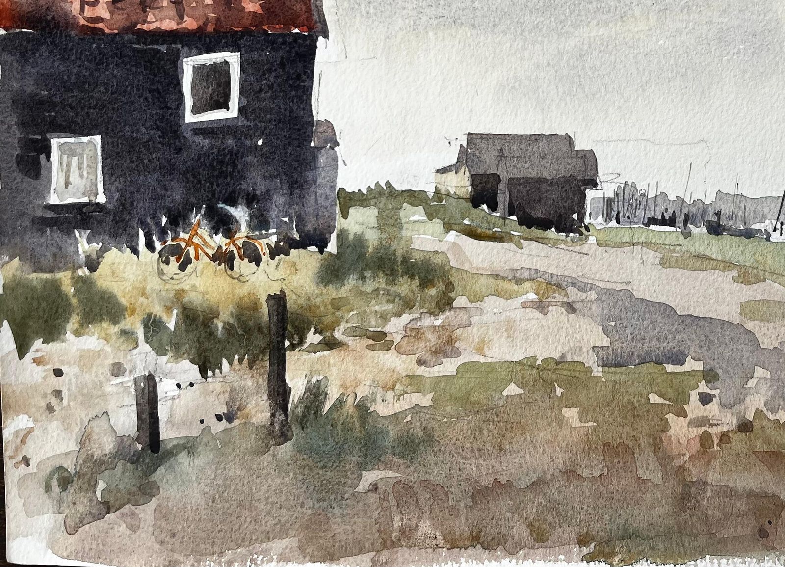 Anthony Herbertoriginal Watercolour Coastal Landscape With Fishing Huts And Bike1994 photo for sale