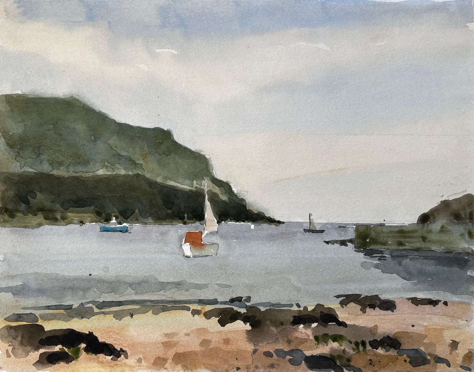 Anthony Herberthope Cove Devon Harbour View With Sailboats And Beach Watercolour Painting 19841984