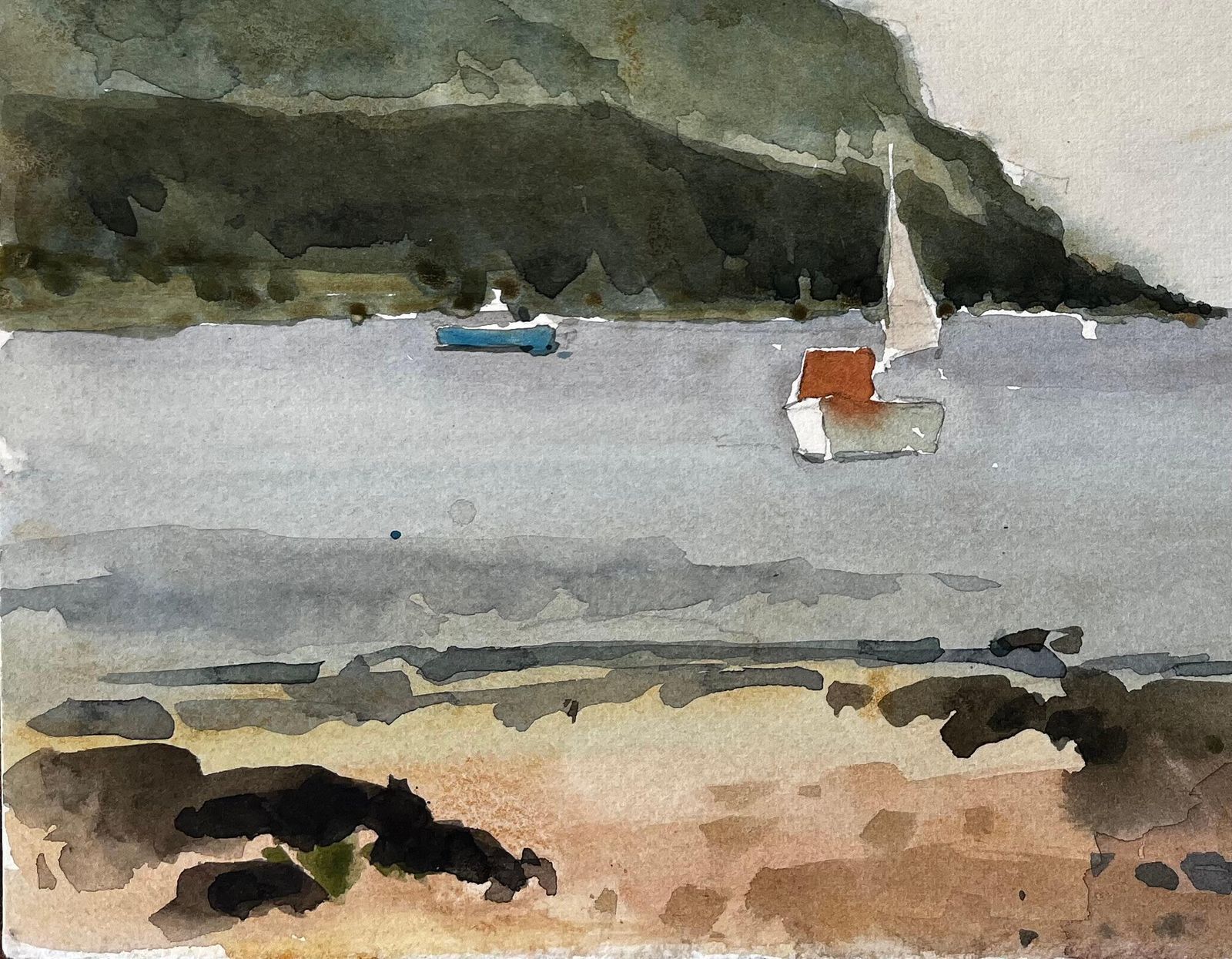Anthony Herberthope Cove Devon Harbour View With Sailboats And Beach Watercolour Painting 19841984 photo for sale