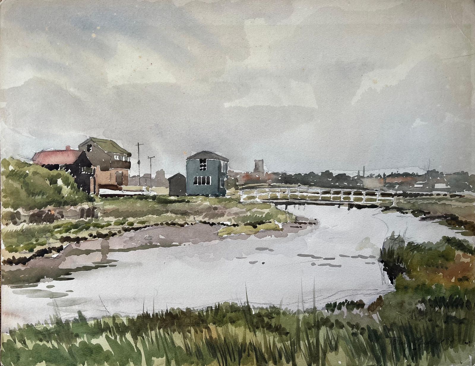 Anthony Herbertwalberswick Suffolk Coastal River Scene With Bridge And Village Watercolour 19811981