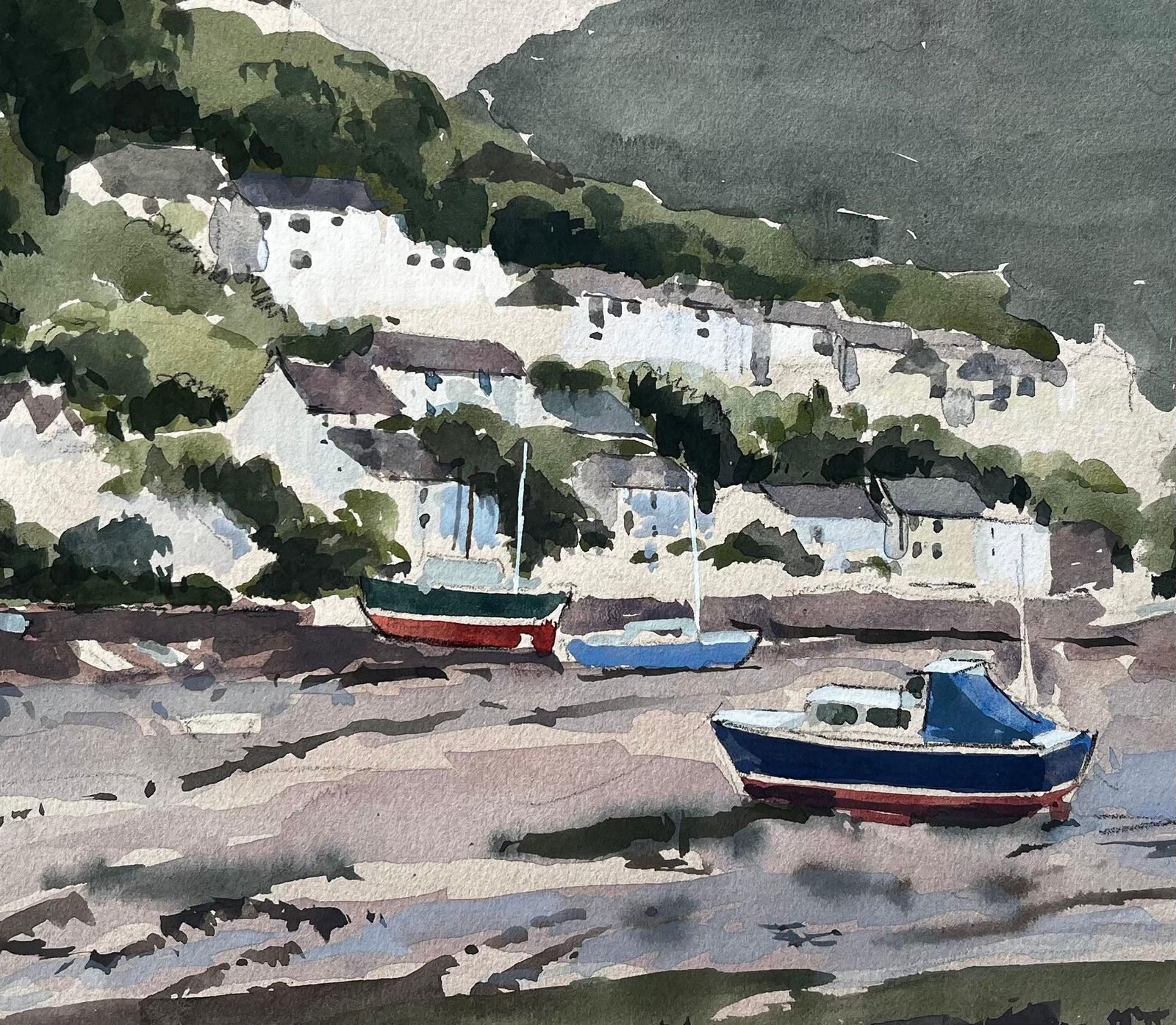 Anthony Herbert1982 Watercolour Of Newton Ferrers Devon With Boats, Hills And Coastal Cottages1982 photo buy