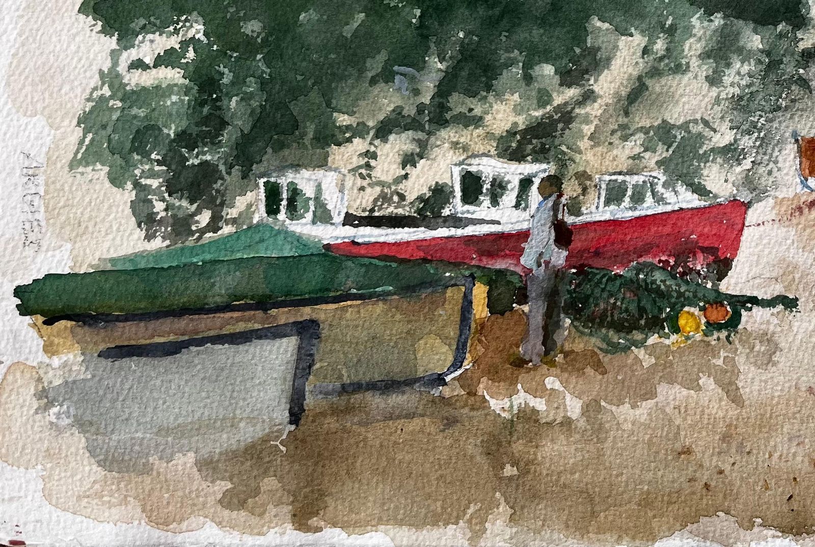Anthony Herbertwatercolour Of Beer East Devon Fishing Beach With Boats, Cliffs And Figures photo for sale