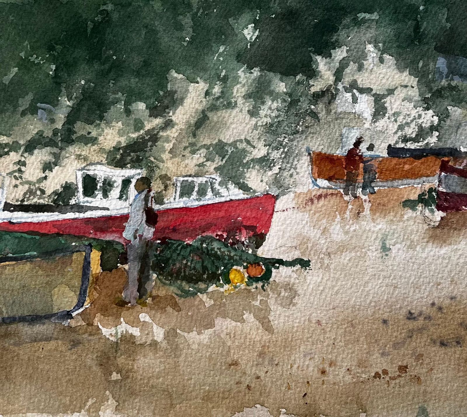 Anthony Herbertwatercolour Of Beer East Devon Fishing Beach With Boats, Cliffs And Figures photo vinterior