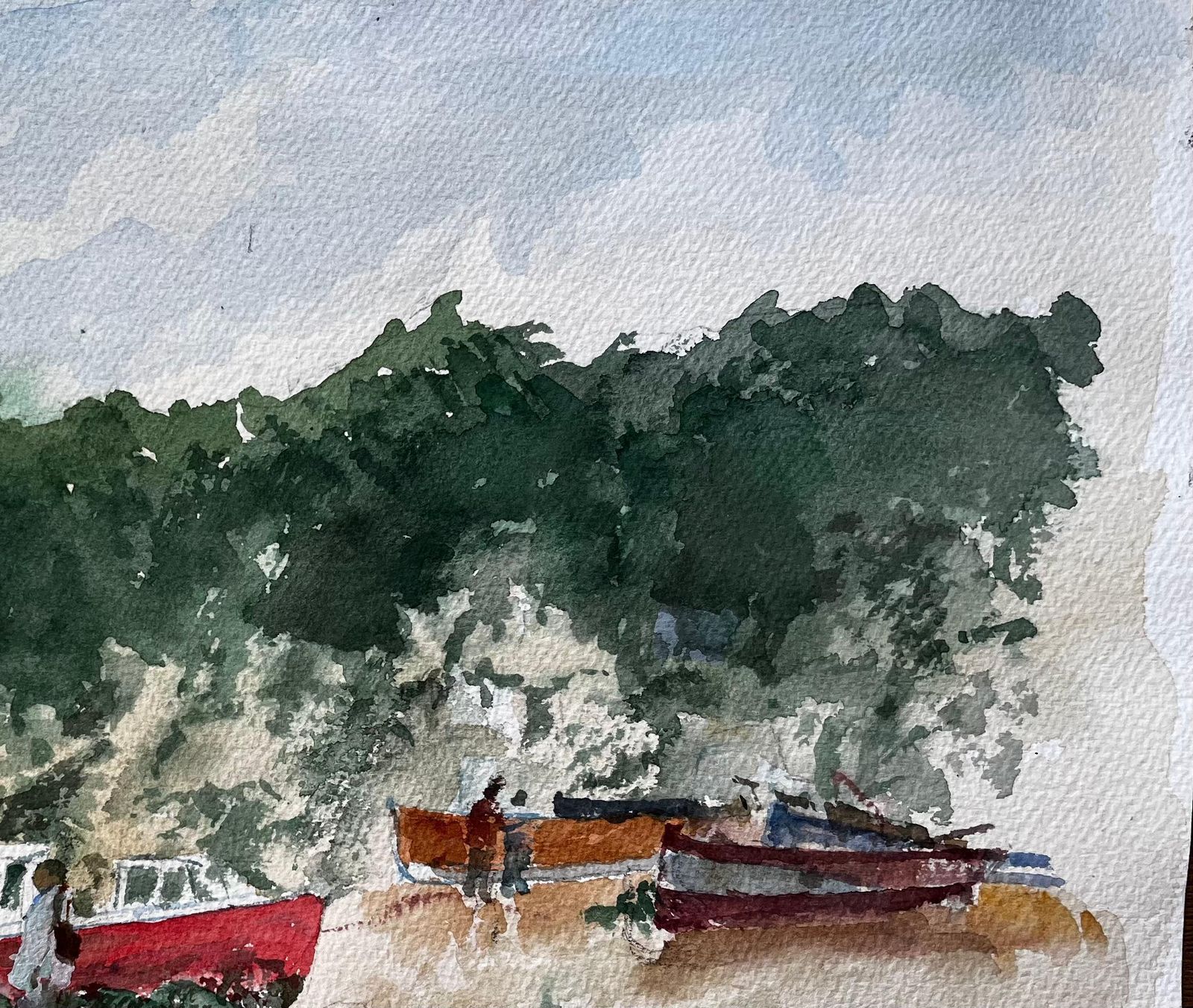 Anthony Herbertwatercolour Of Beer East Devon Fishing Beach With Boats, Cliffs And Figures photo buy