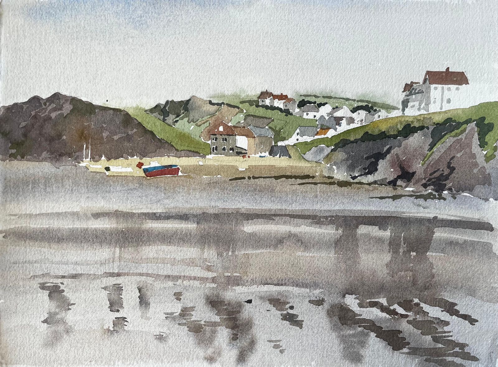 Anthony Herberthope Cove Devon Coastal Village With Reflections Boats And Cliffs Watercolour1986