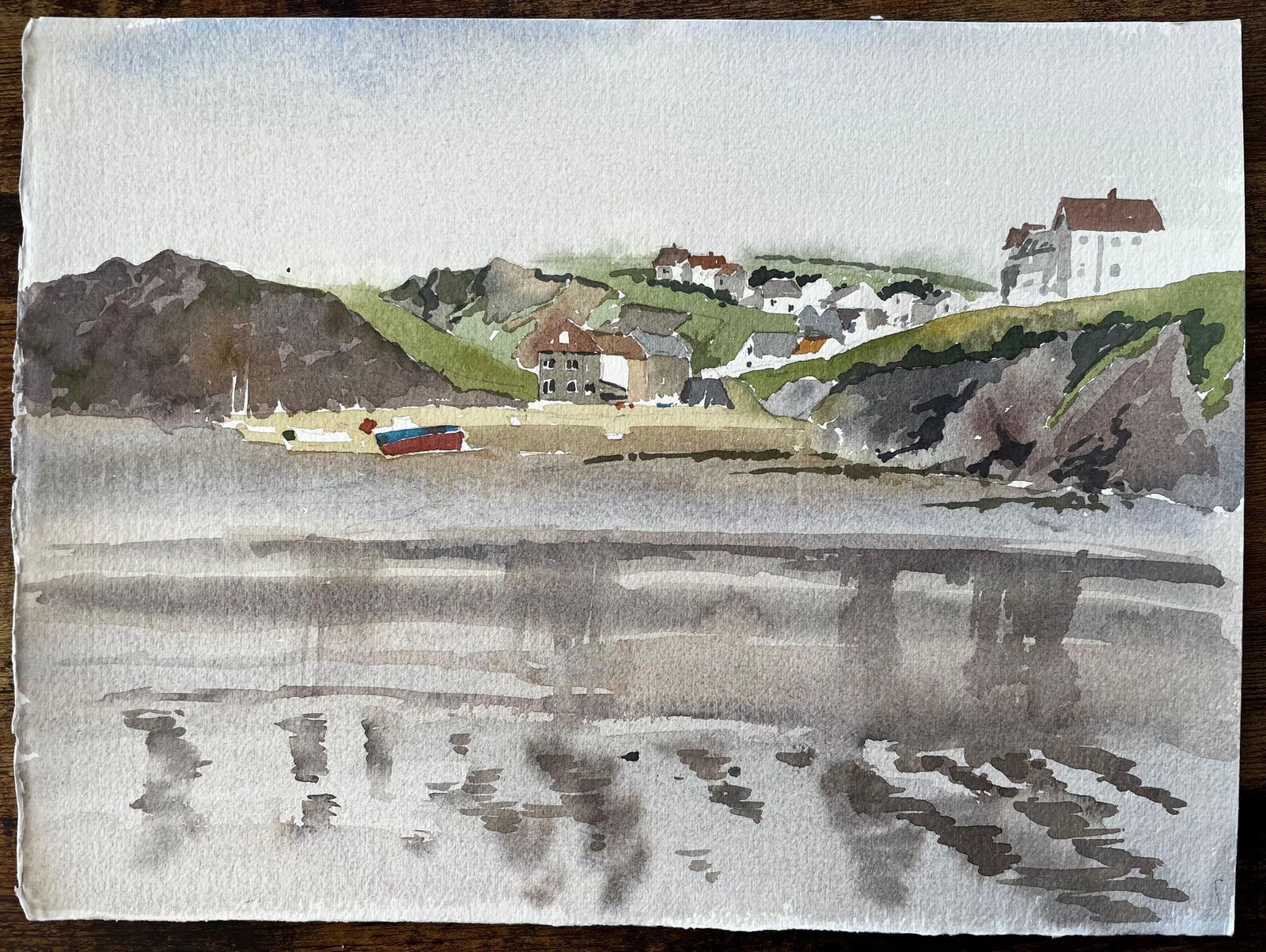 Anthony Herberthope Cove Devon Coastal Village With Reflections Boats And Cliffs Watercolour1986 photo furniture