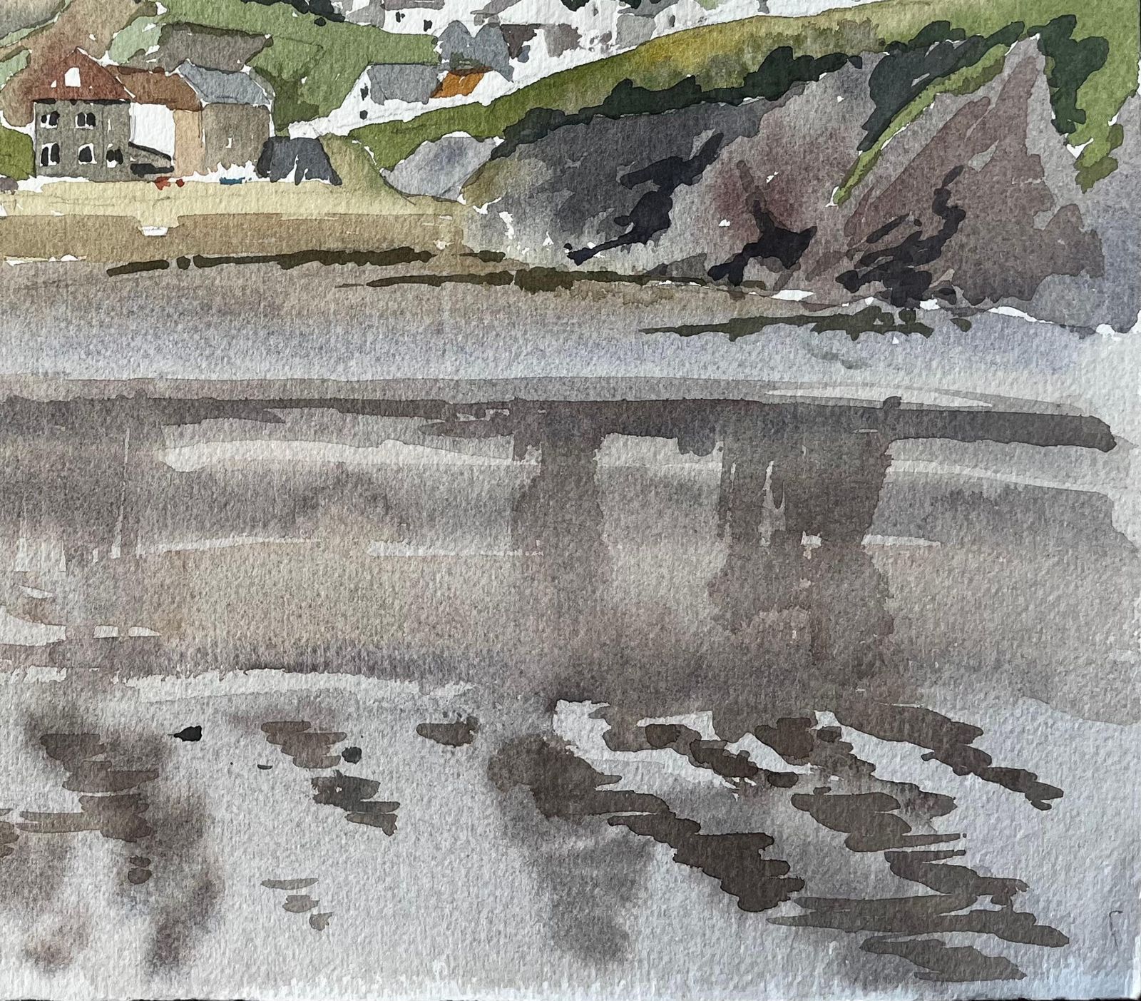 Anthony Herberthope Cove Devon Coastal Village With Reflections Boats And Cliffs Watercolour1986 photo Art