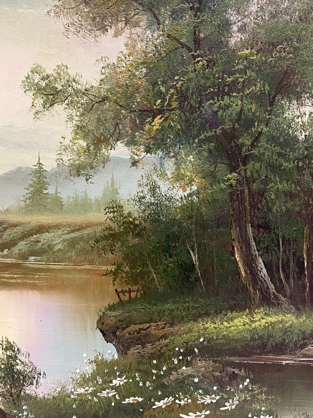 British Schoollarge 20th Century British Signed Oil Atmospheric Misty Lake Landscape & Bridge photo vinterior