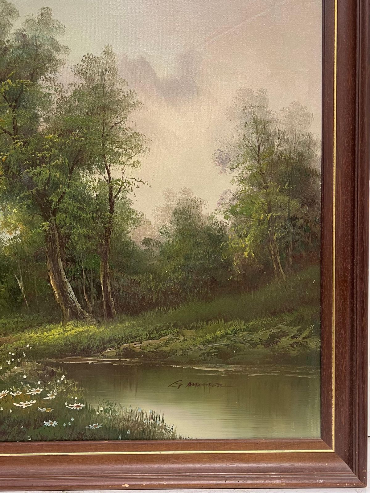 British Schoollarge 20th Century British Signed Oil Atmospheric Misty Lake Landscape & Bridge photo buy