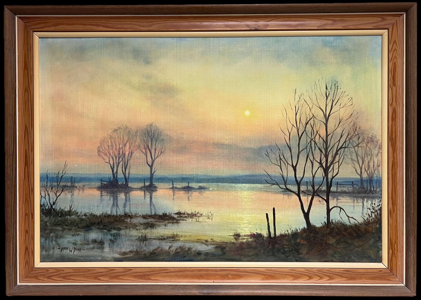 Mark W. Pikelarge 1970's British Signed Oil Painting Atmospheric Flooded Fields Sunset