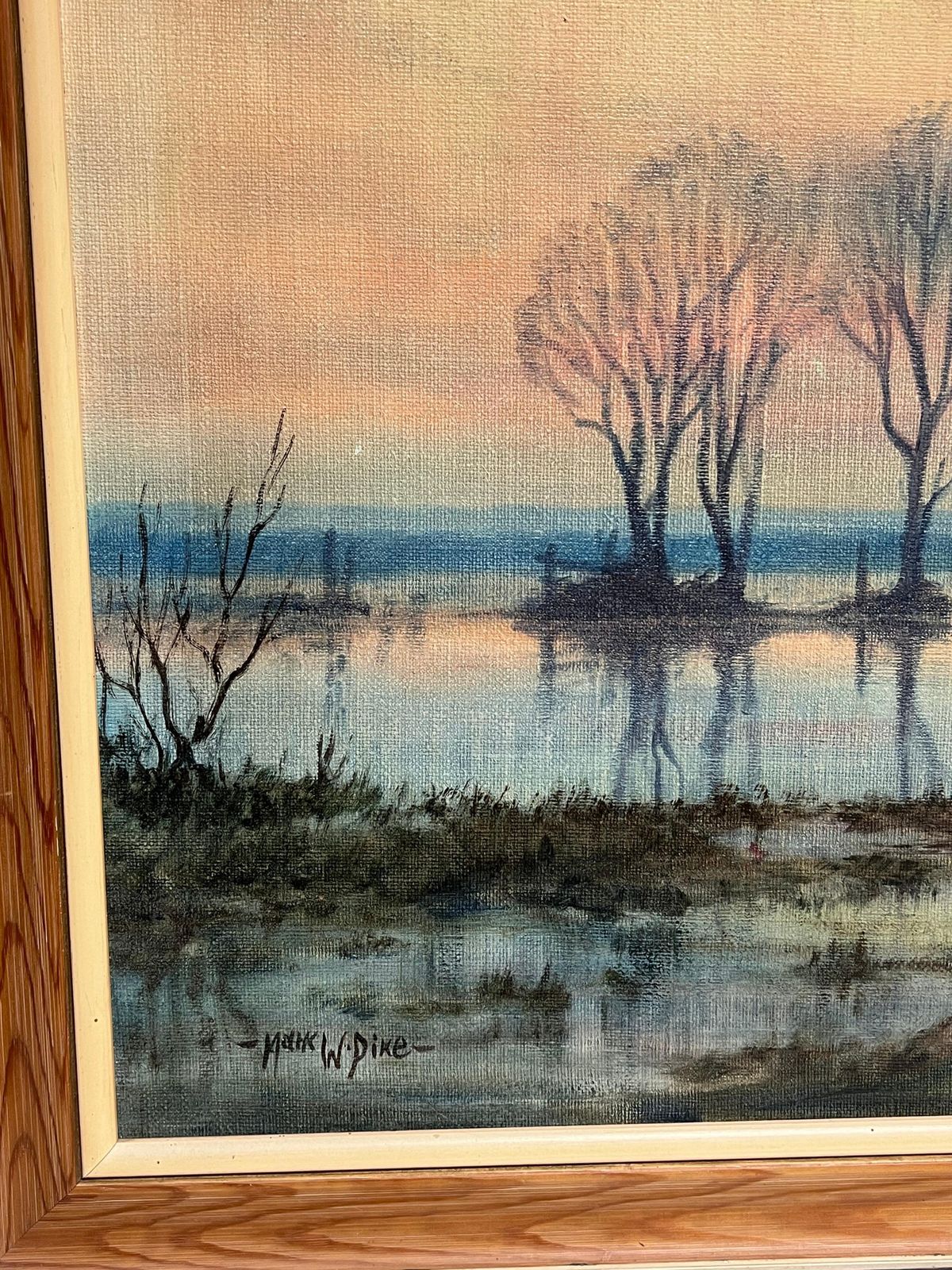 Mark W. Pikelarge 1970's British Signed Oil Painting Atmospheric Flooded Fields Sunset photo vinterior