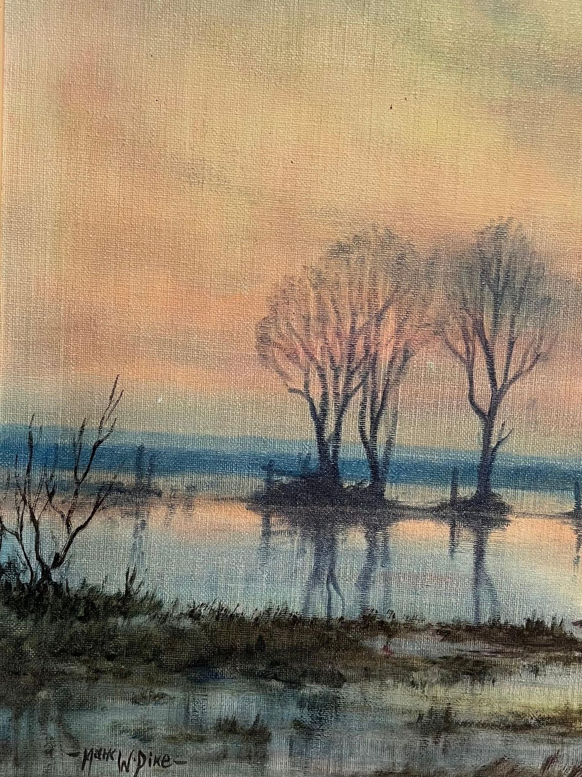 Mark W. Pikelarge 1970's British Signed Oil Painting Atmospheric Flooded Fields Sunset photo vintage