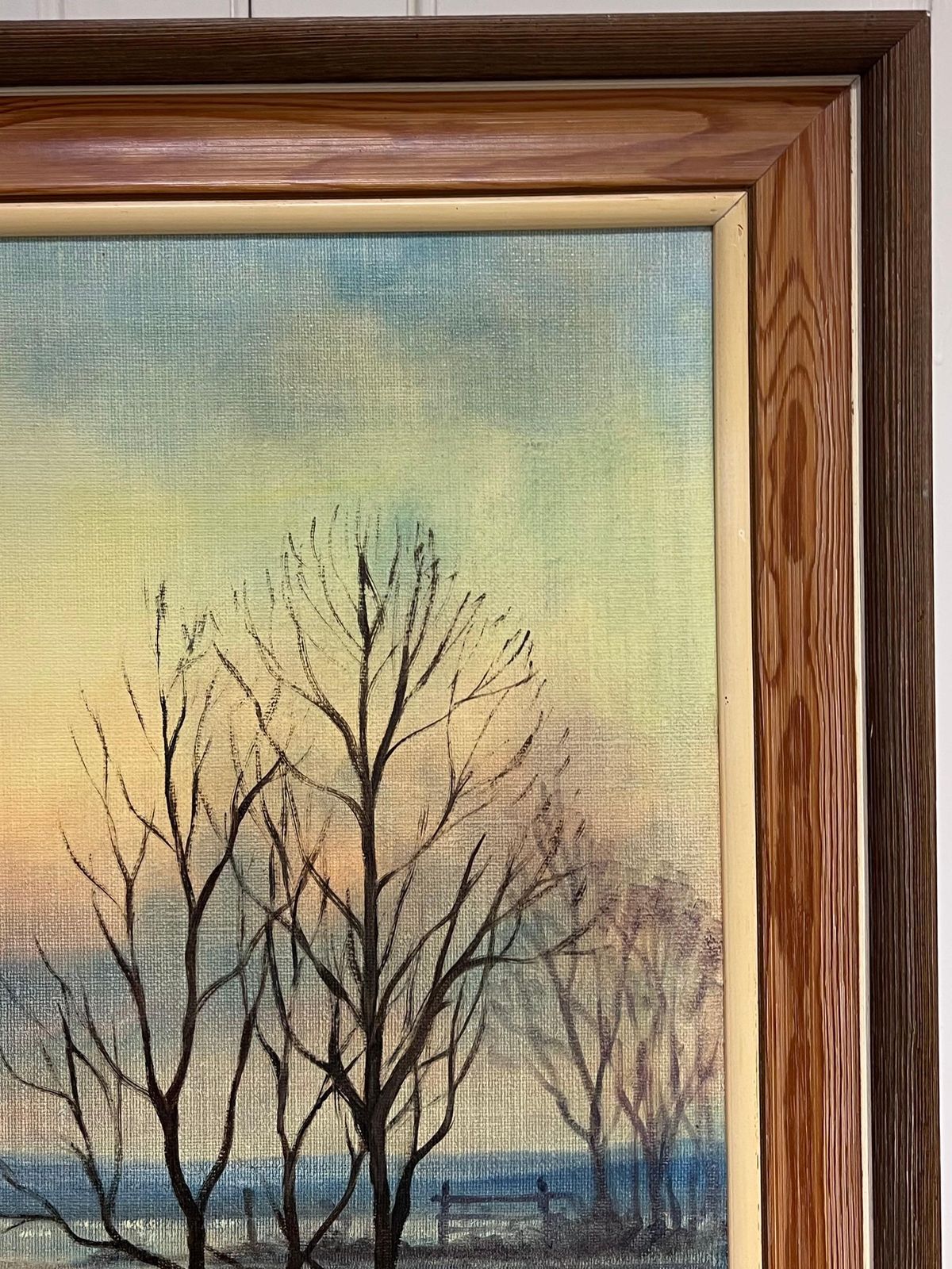 Art Mark W. Pikelarge 1970's British Signed Oil Painting Atmospheric Flooded Fields Sunset photo