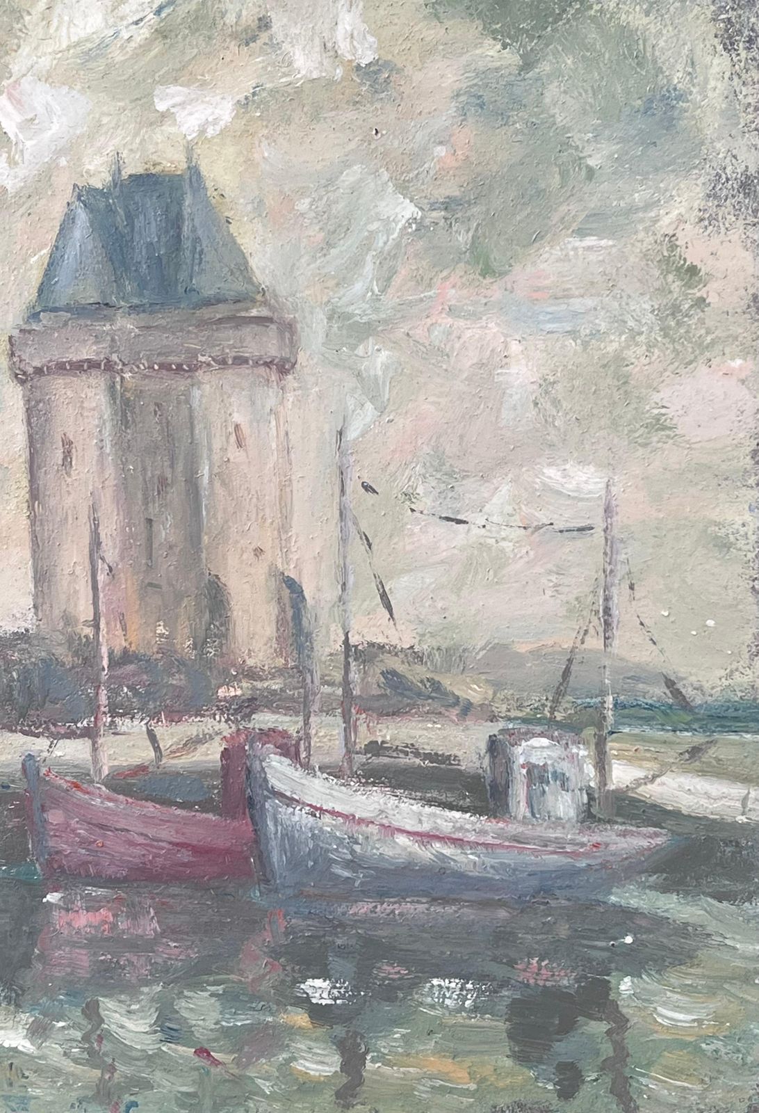 Fanch Lelboats Docked Under The Lighthouse Harbour French Landscape Oil Painting photo for sale