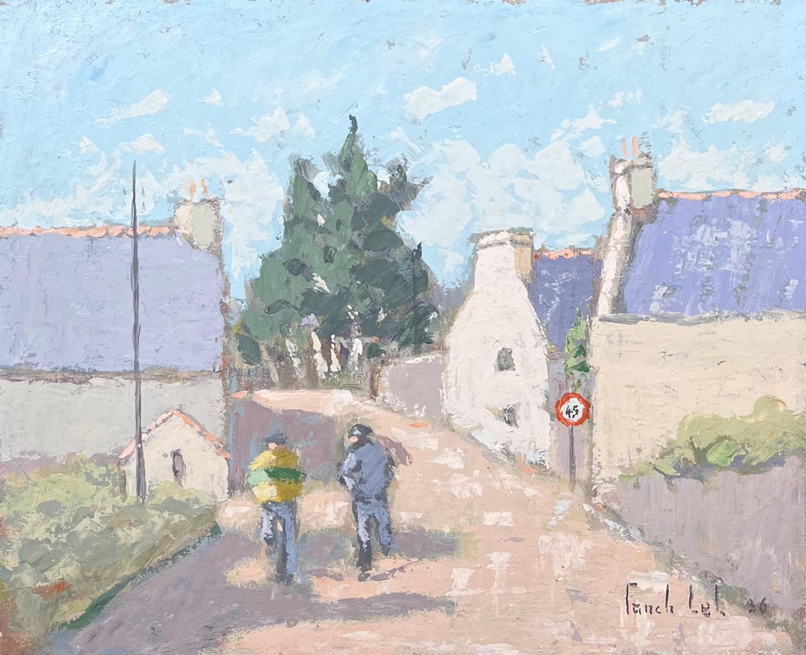 Fanch Leltwo Figures Walking Through A Quiet Village Lane French Landscape Oil Painting