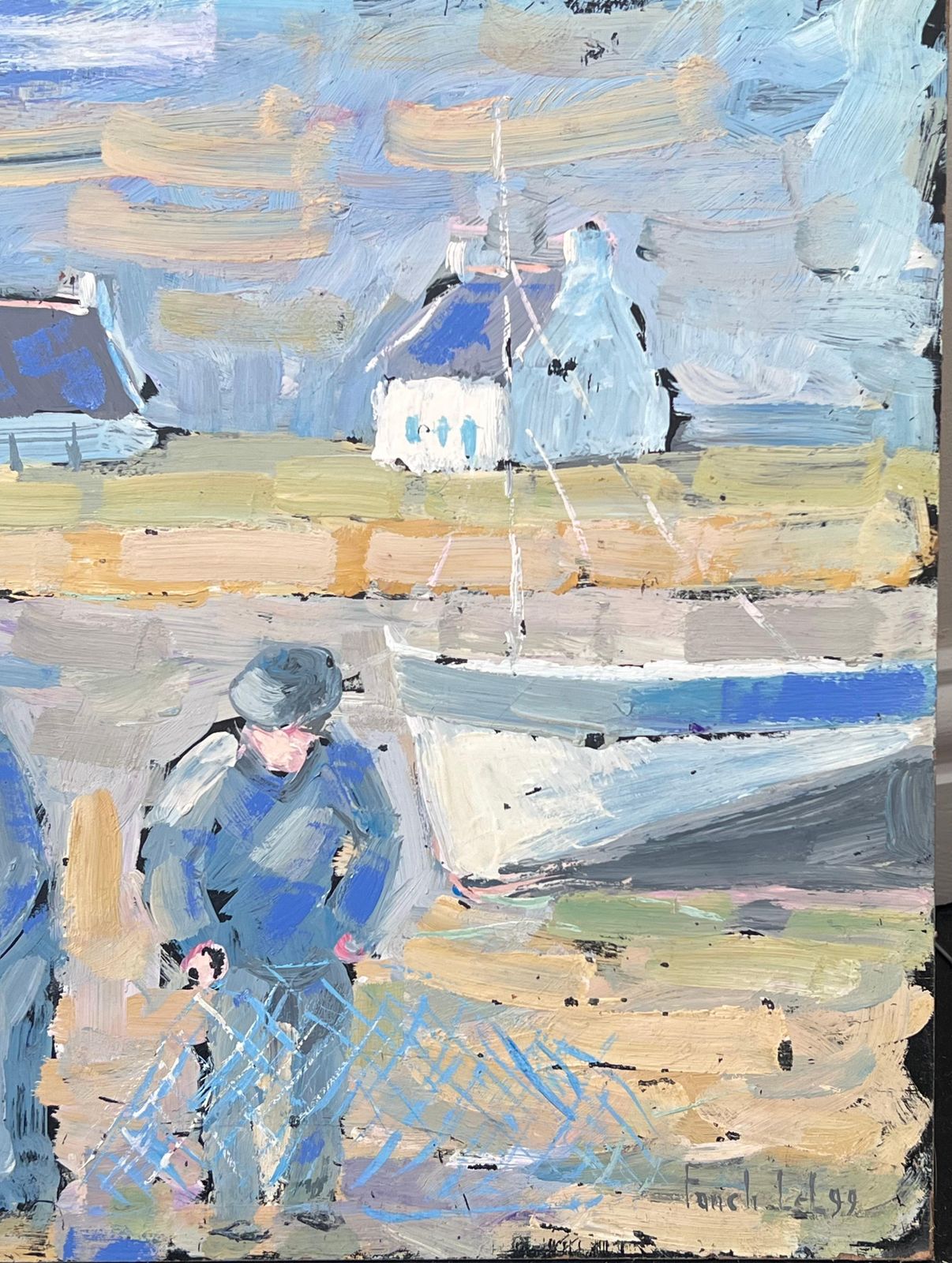Fanch Lelfisherfolk Figures Prepping The Casting On The Shore Landscape Oil Painting1999 photo buy