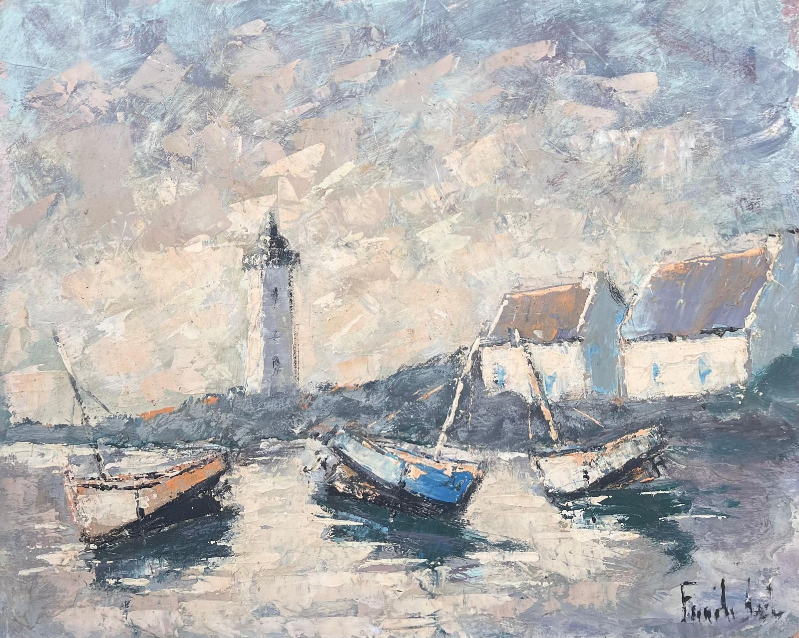 Fanch Lelboats Docked In The Grey Early Morning Harbour French Oil Painting