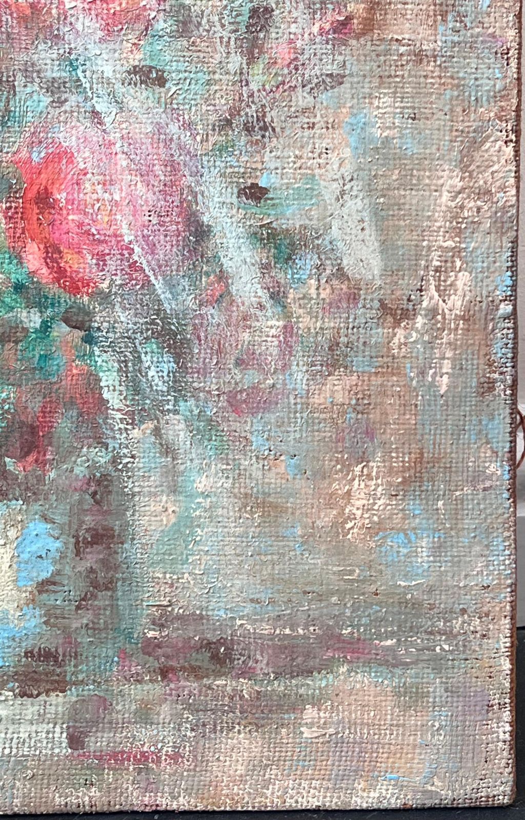 Fanch Lelimpressionist French Red Roses In Blue Vase Interior Oil Painting photo for sale