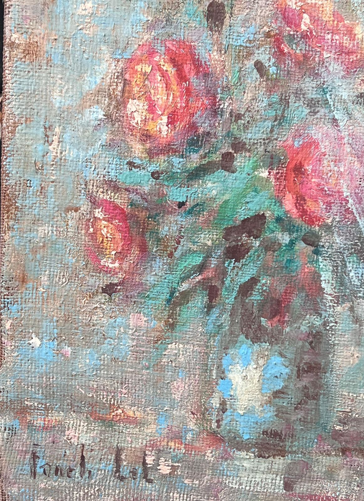 Fanch Lelimpressionist French Red Roses In Blue Vase Interior Oil Painting photo buy