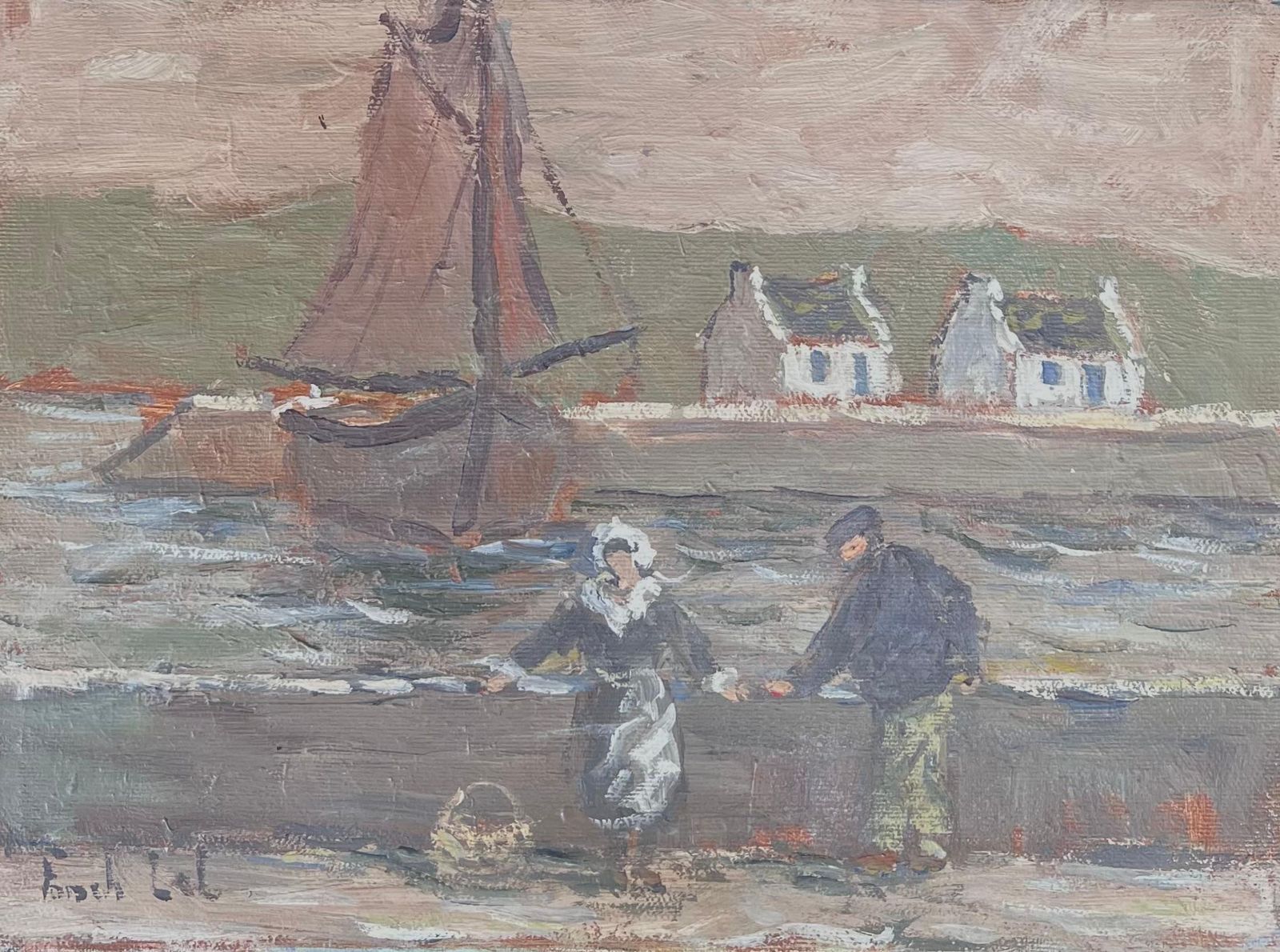 Fanch Lelmaid And Fisherman Watching The Quiet Harbour Impressionist French Oil Painting