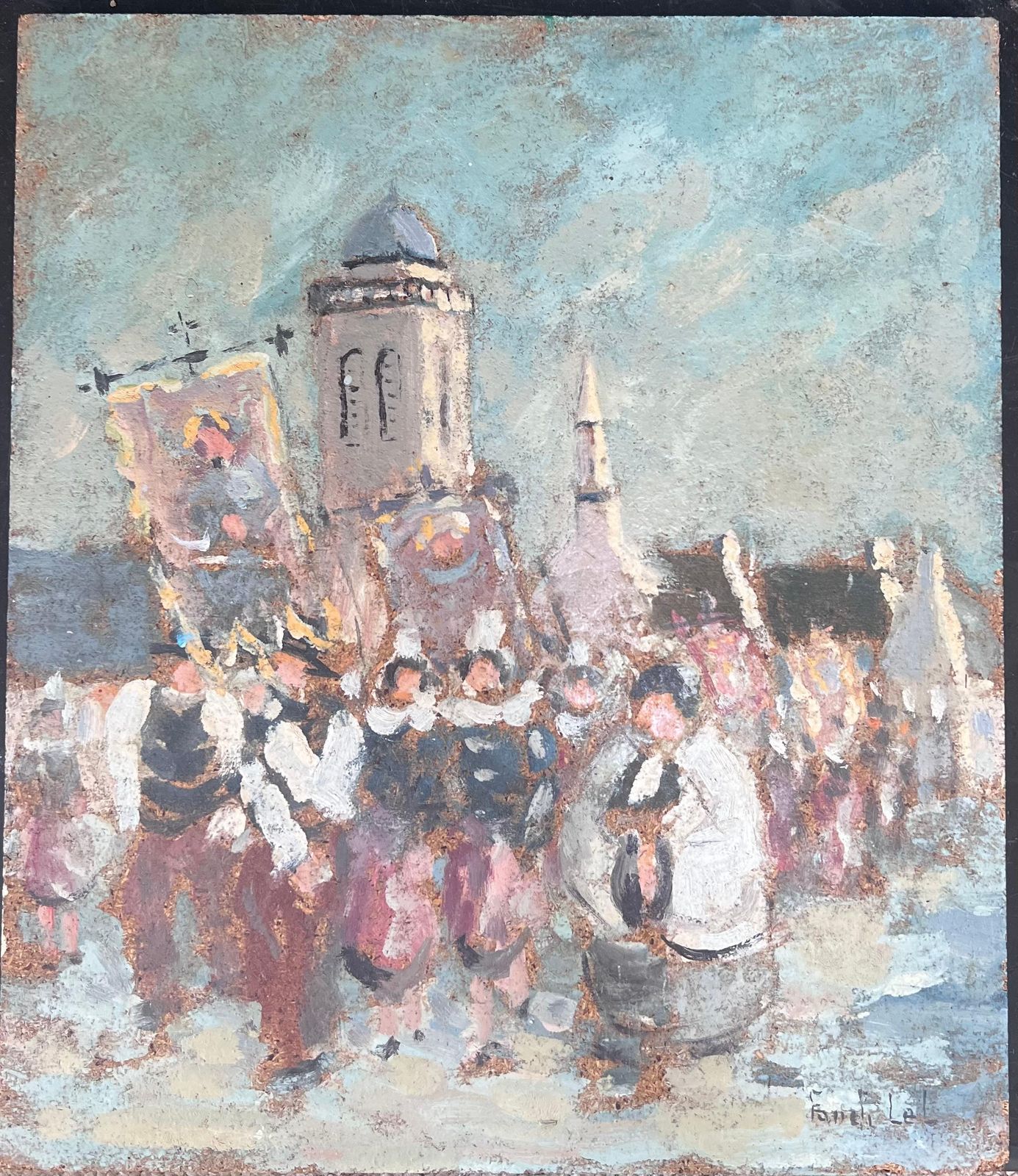 Fanch Lelfigures Marching In Religious Parade Through A French Village Oil Painting photo for sale