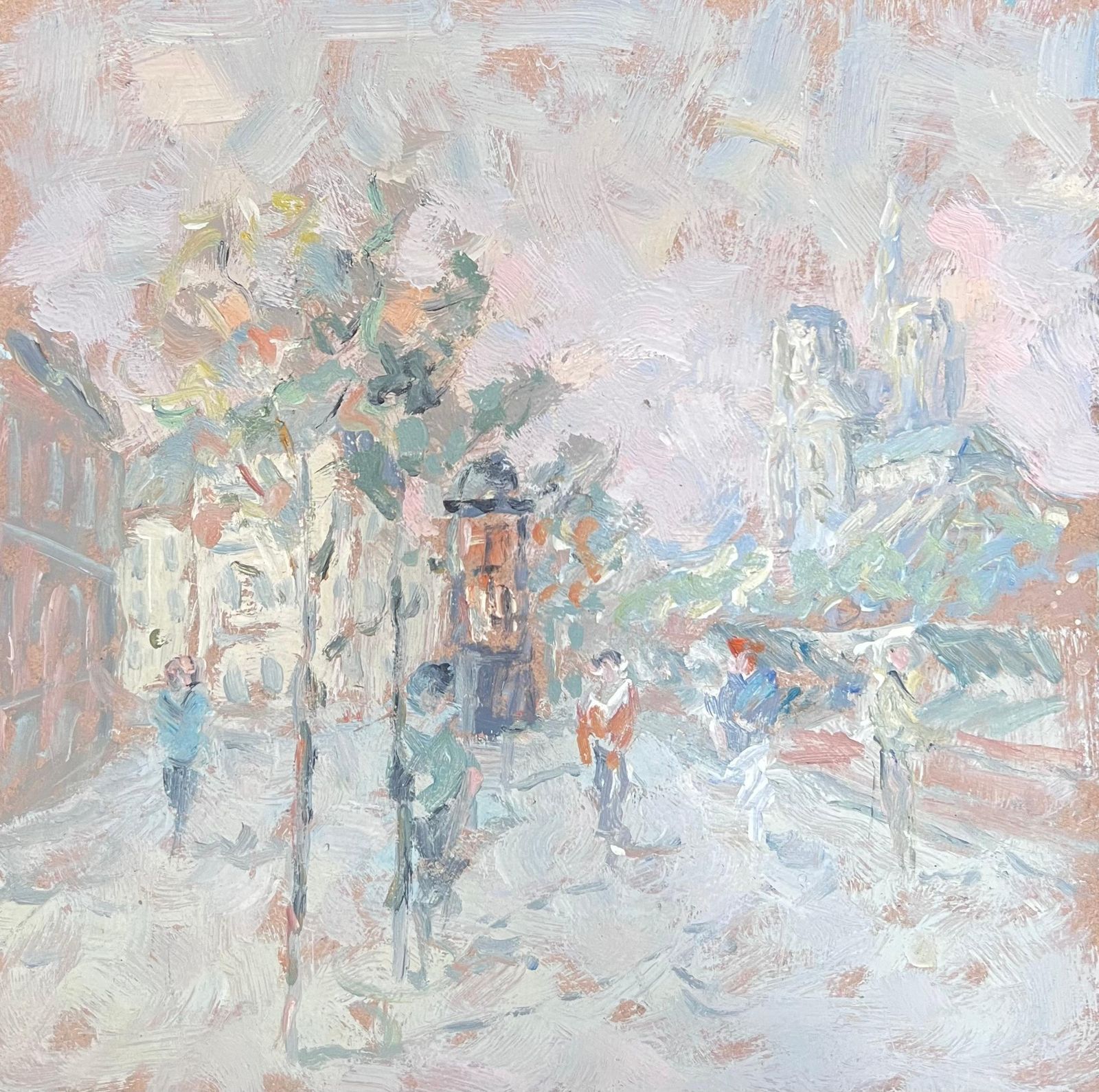 Fanch Lelfigures Walking Through A Pastel Colour Town French Oil Painting photo 459.0