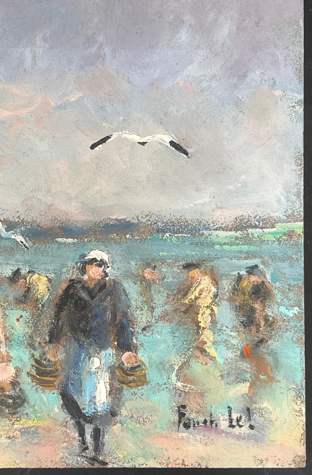 Fanch Lelfishermen & Figures Carrying Their Catches In Wicker Baskets French Oil Painting photo for sale