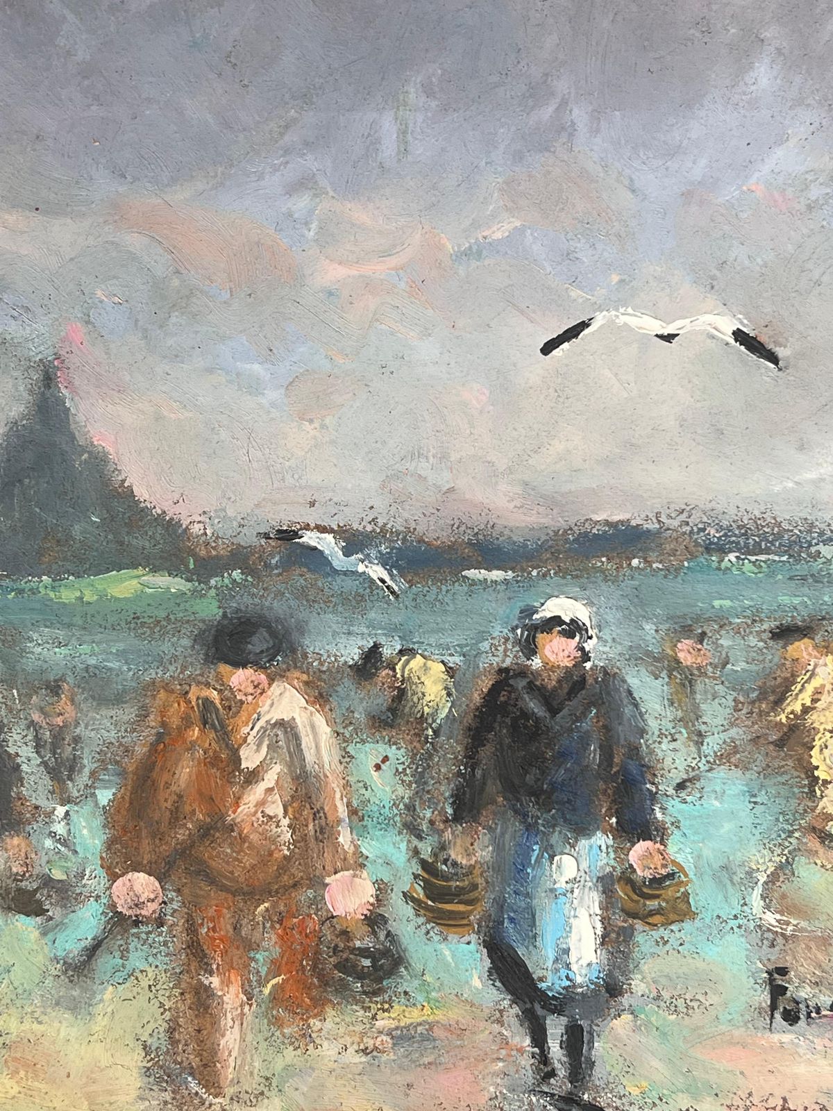 Fanch Lelfishermen & Figures Carrying Their Catches In Wicker Baskets French Oil Painting photo Art