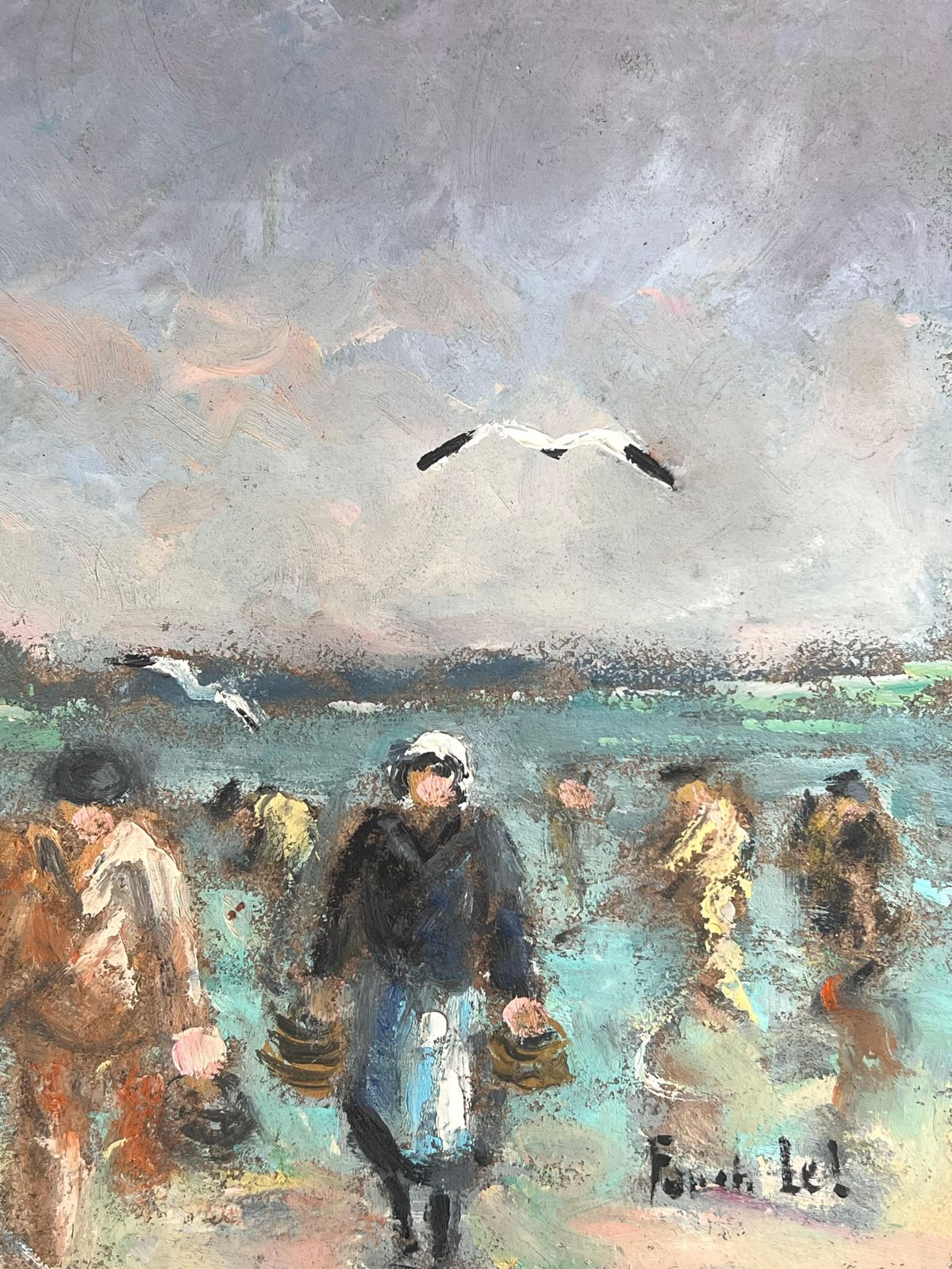 Fanch Lelfishermen & Figures Carrying Their Catches In Wicker Baskets French Oil Painting photo vinterior