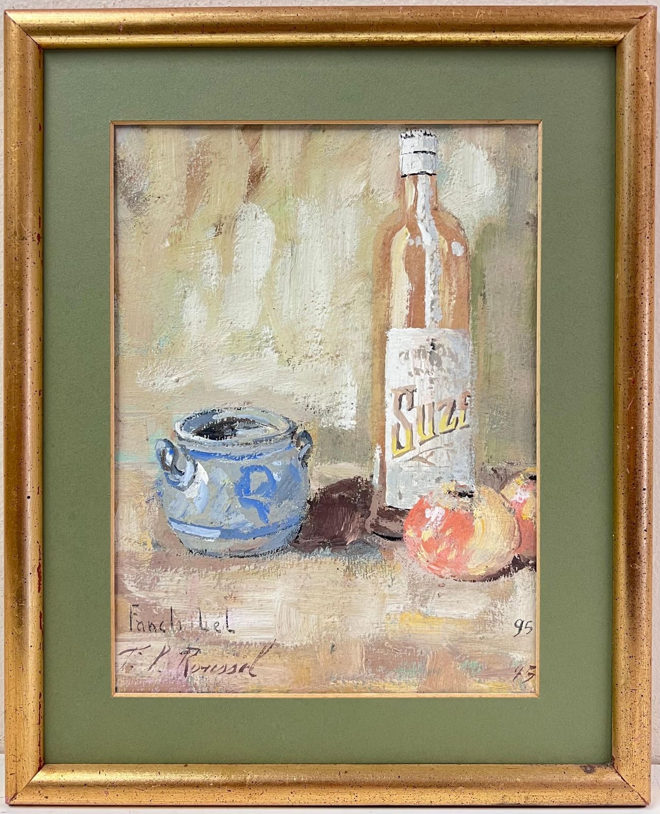 Fanch Lelfrench Impressionist Interior Rose Wine + Apples Still Life Framed Painting