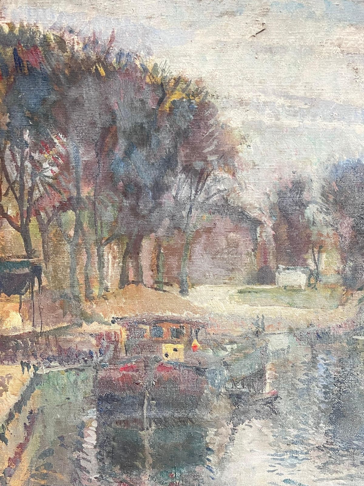 French School1940's French Impressionist Signed Oil Atmospheric Moody River Scene & Boats1940's photo for sale