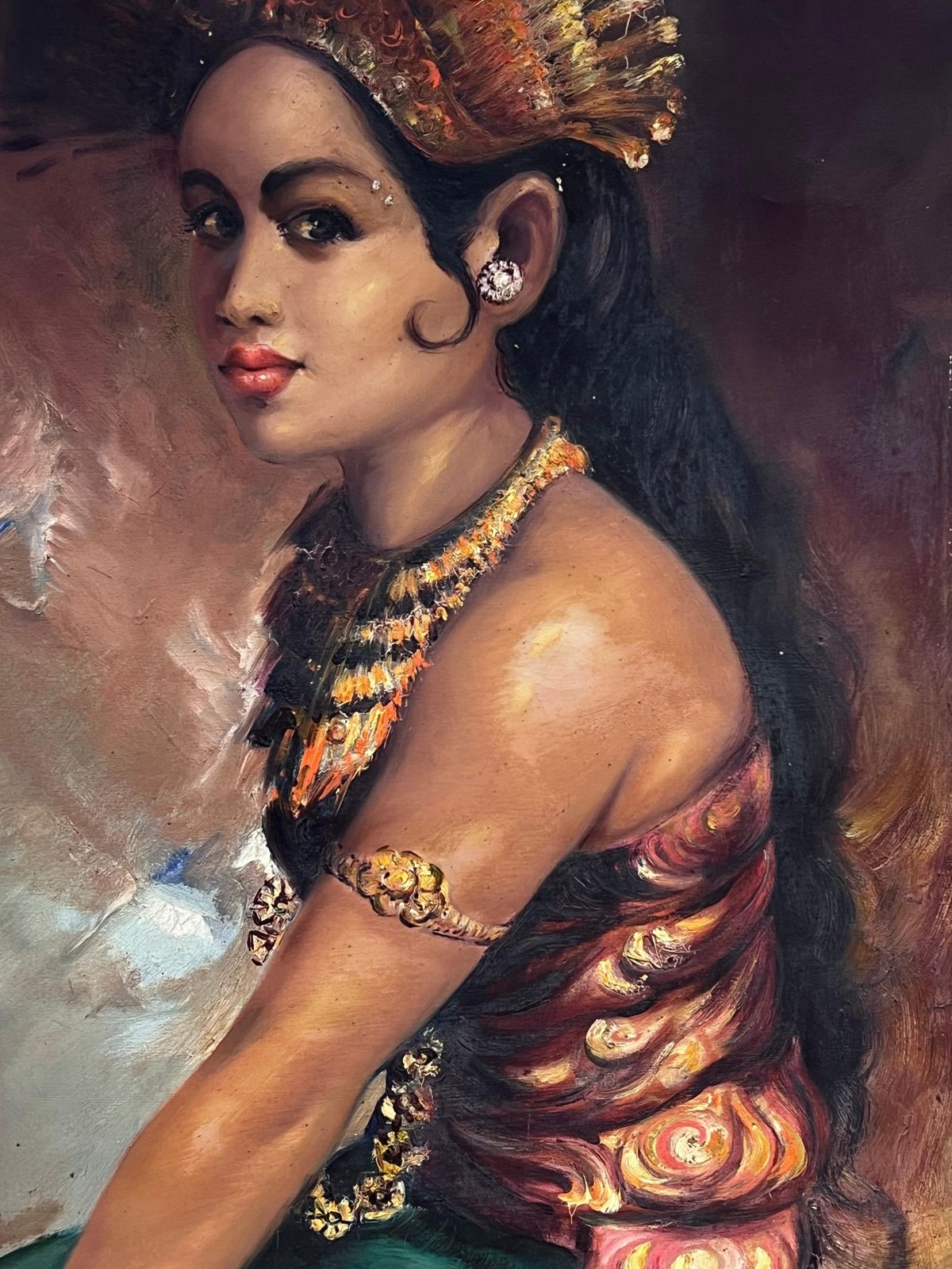 South East Asianlarge 1960's Oil Portrait Of Bali South Eastern Asia Lady In Traditional Attire photo buy