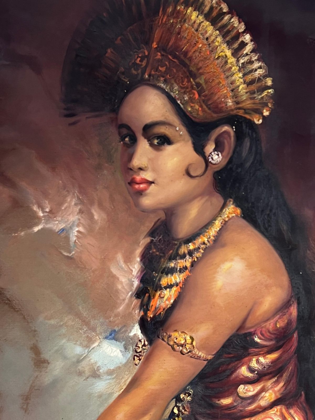 South East Asianlarge 1960's Oil Portrait Of Bali South Eastern Asia Lady In Traditional Attire photo vintage