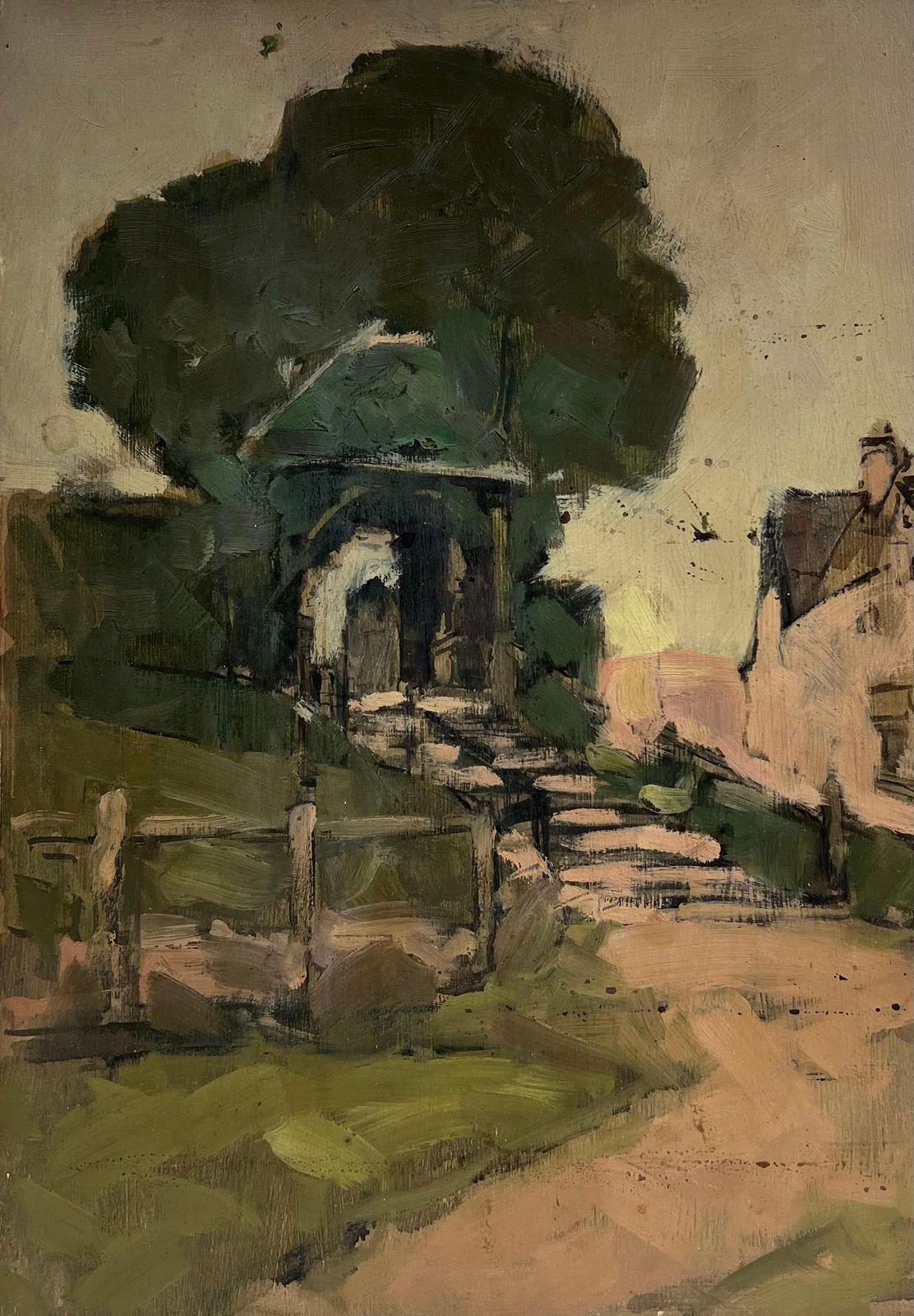 Harold Storey1920's Scottish Impressionist Oil Painting Pink Step Pathway Rustic Archway1925