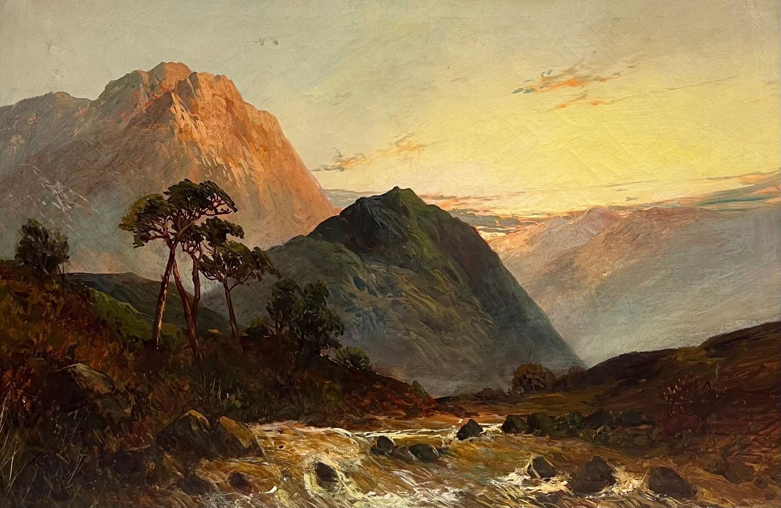 F. E. Jamiesonantique Scottish Highlands Sunset Over The River Glen Valley Signed Oil Painting1920's photo furniture