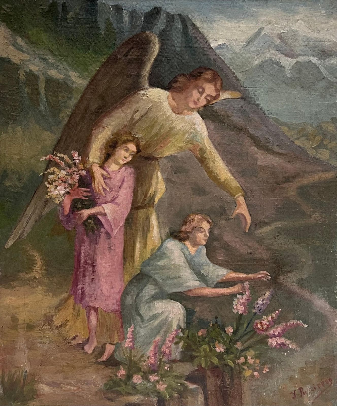 French Schoolantique French Signed Oil Painting Angel With Two Children Picking Flowers
