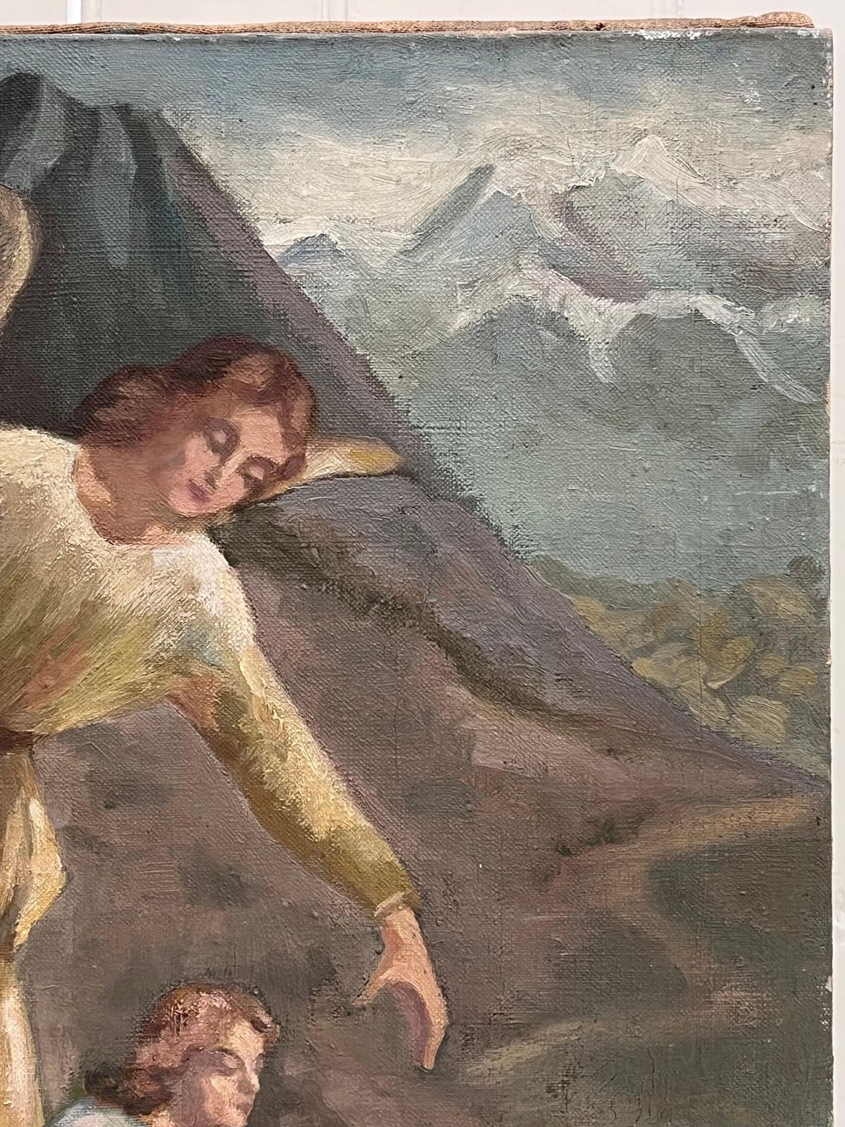 French Schoolantique French Signed Oil Painting Angel With Two Children Picking Flowers photo vinterior