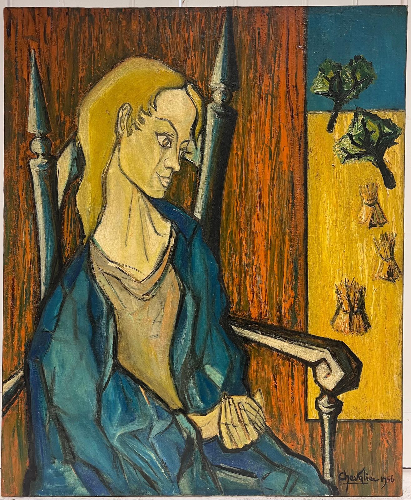 French School1950's French Expressionist Signed Painting Lady Seated In Chair Harvest Fields1958 photo furniture