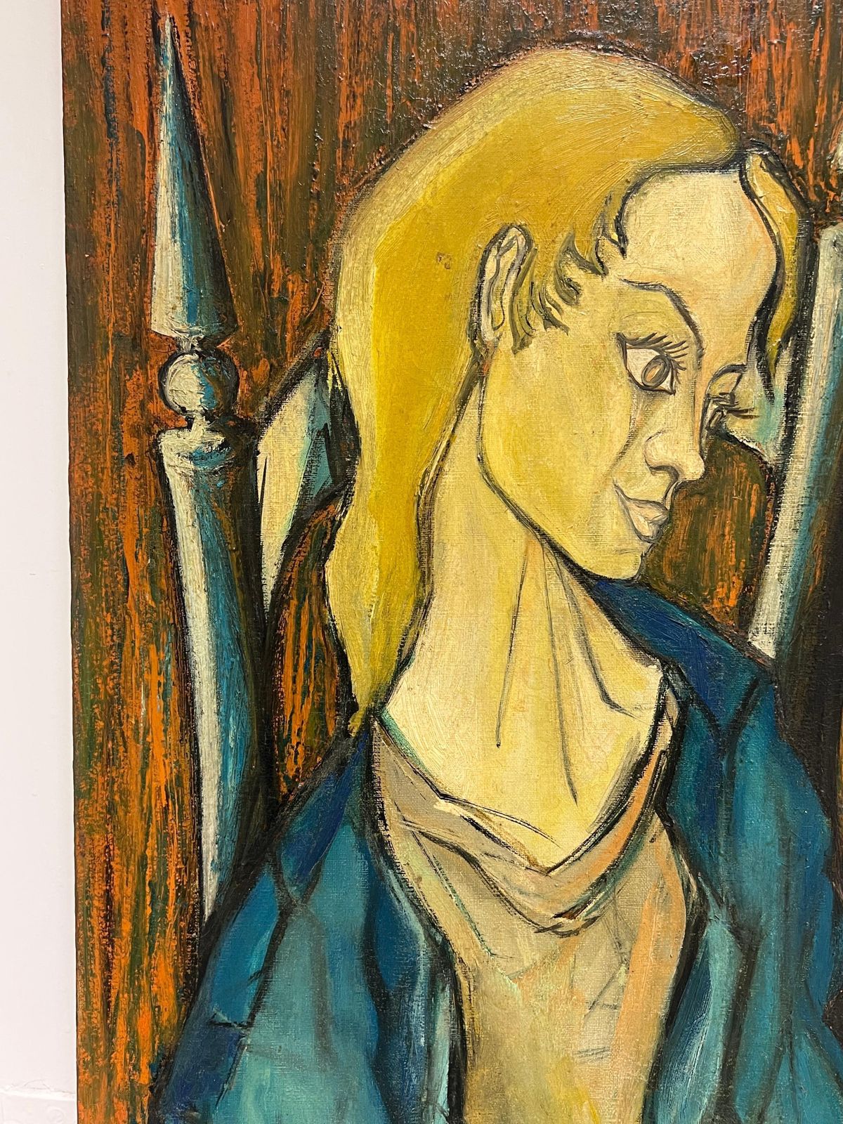 French School1950's French Expressionist Signed Painting Lady Seated In Chair Harvest Fields1958 photo vintage