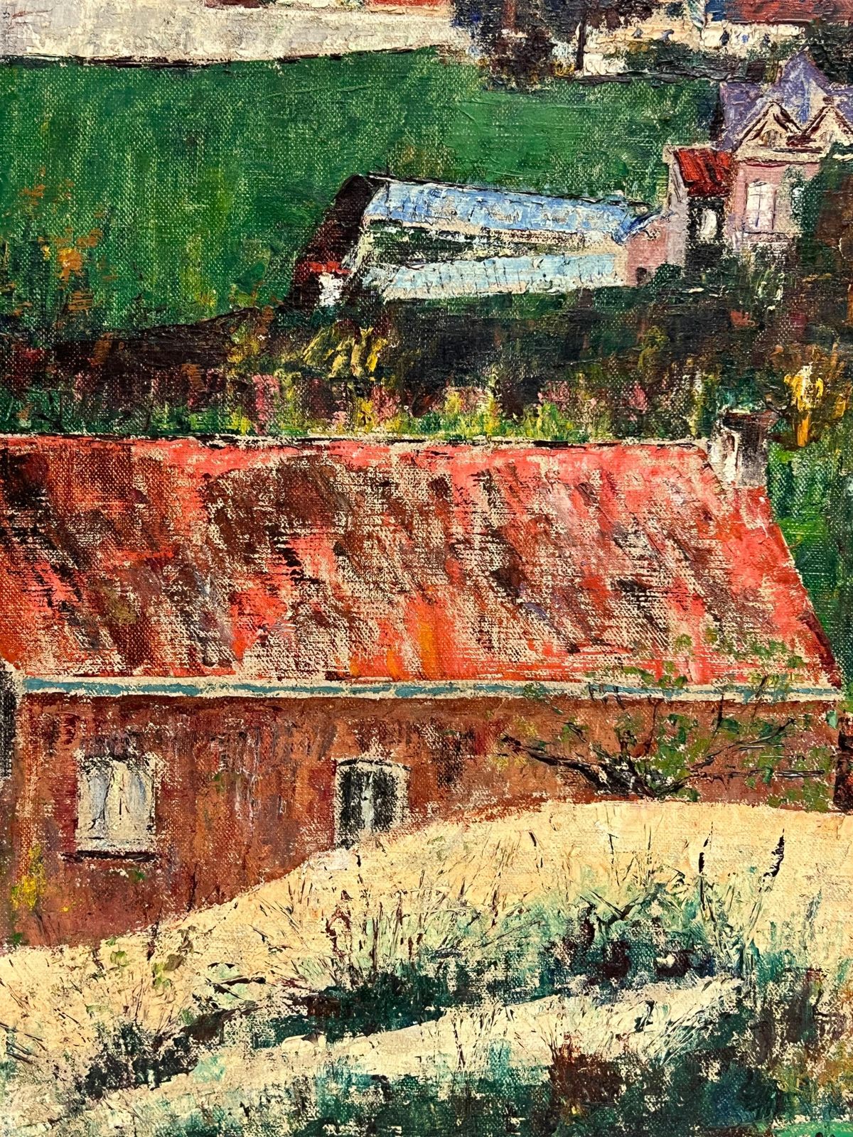 French Schoolvintage Mid 20th Century French Signed Oil View Over Town Roof Tops photo vinterior