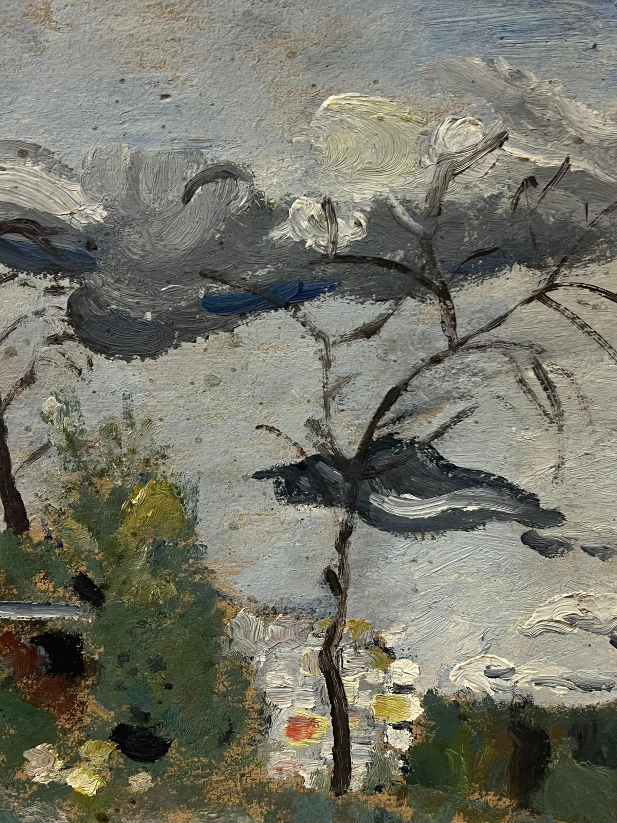 Genevieve Zondervan (1922 2013)mid 20th Century French Oil Painting Moody Landscape With Trees & Overcast Skyc. 1960's photo for sale